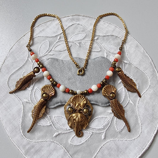 Necklace - Elephant and Shells Coral and Pearl Glass Beads Necklace