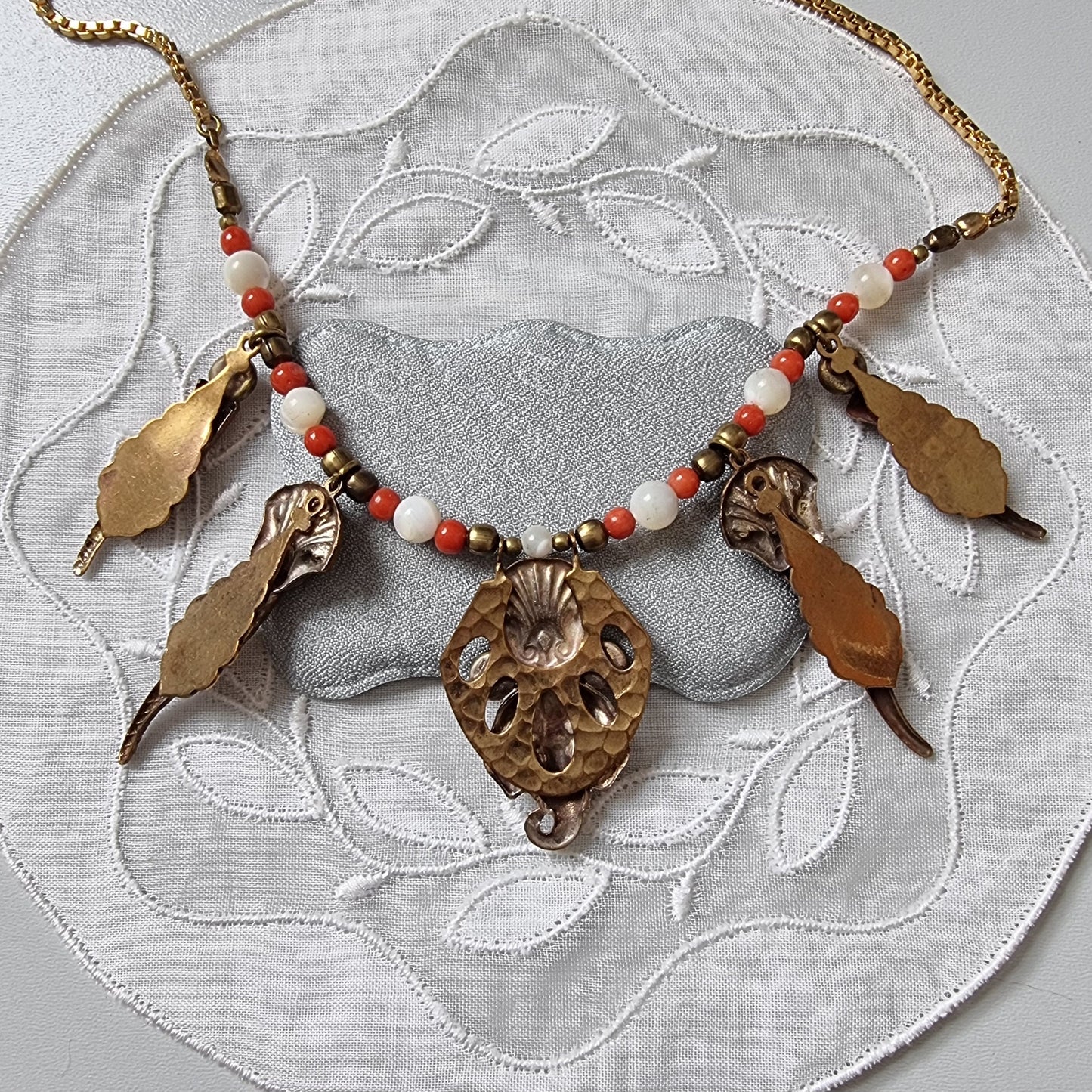 Necklace - Elephant and Shells Coral and Pearl Glass Beads Necklace