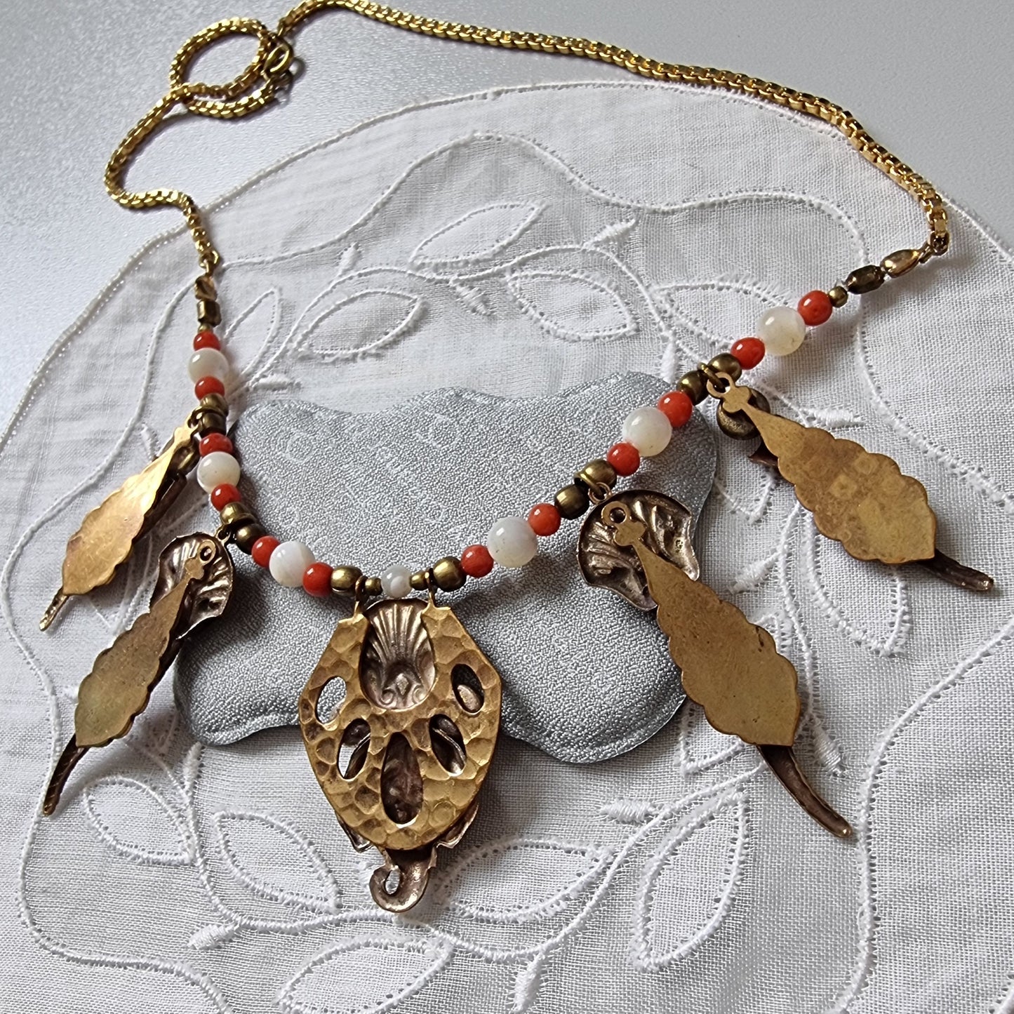 Necklace - Elephant and Shells Coral and Pearl Glass Beads Necklace