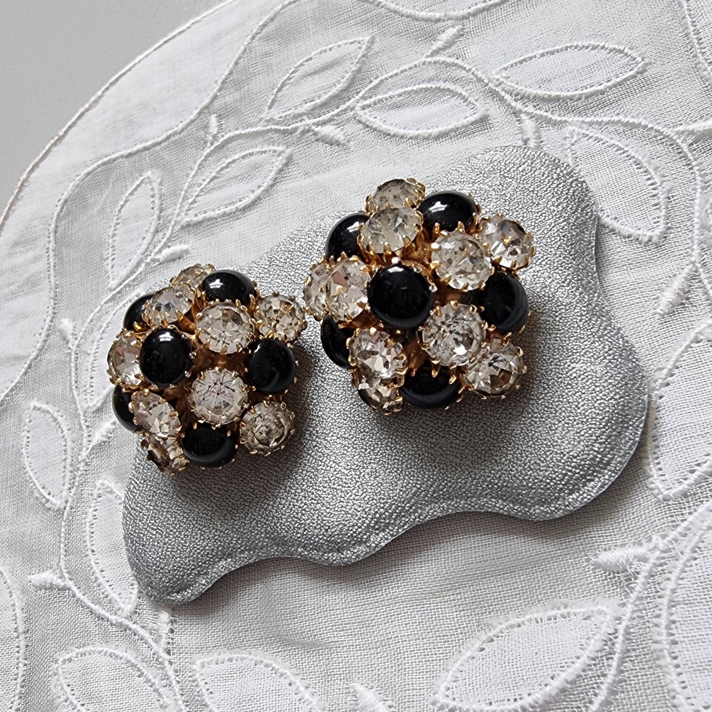 Clip on - Black and Clear Crystals Cluster Clip On Earrings