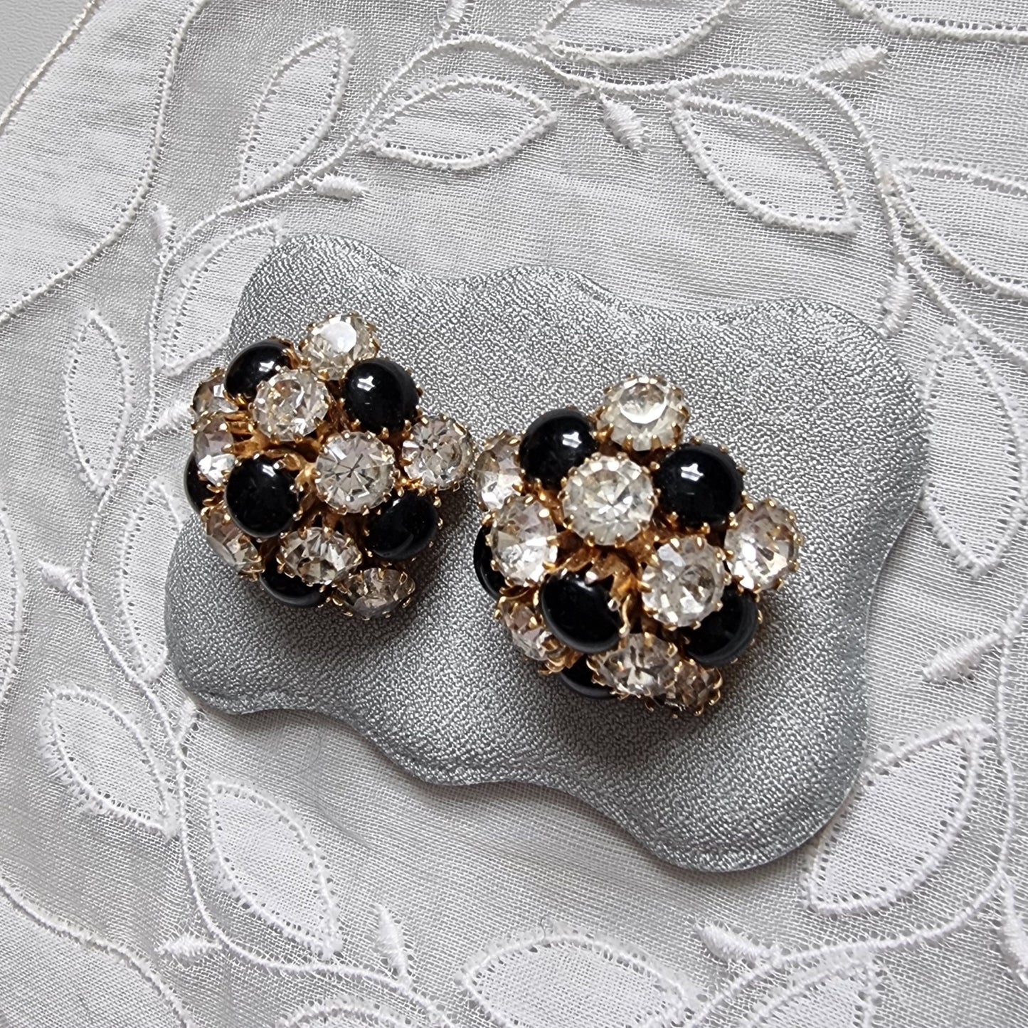 Clip on - Black and Clear Crystals Cluster Clip On Earrings