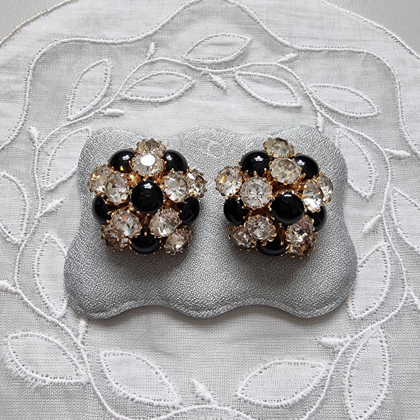 Clip on - Black and Clear Crystals Cluster Clip On Earrings