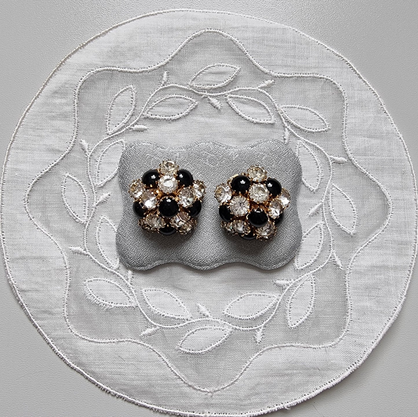 Clip on - Black and Clear Crystals Cluster Clip On Earrings
