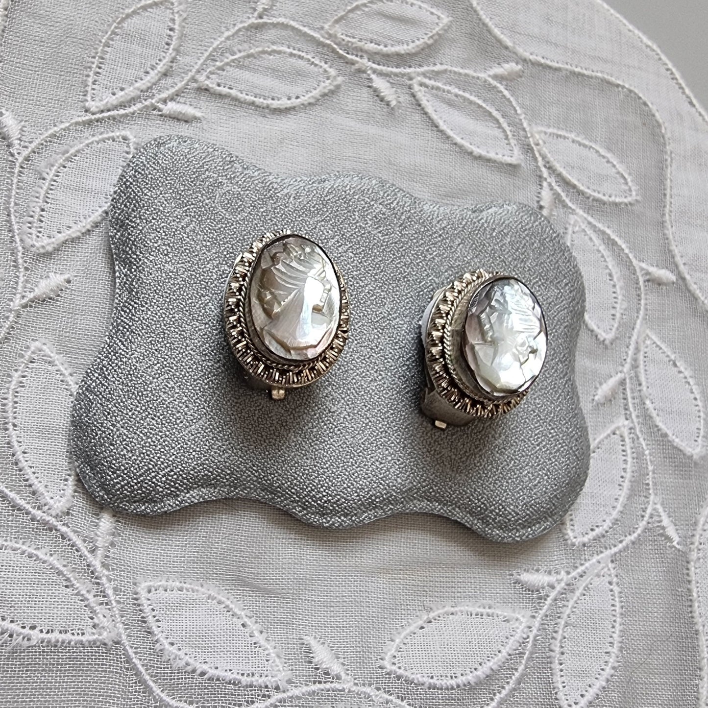 Clip on - 800 Silver Carved Abalone Cameo Earrings