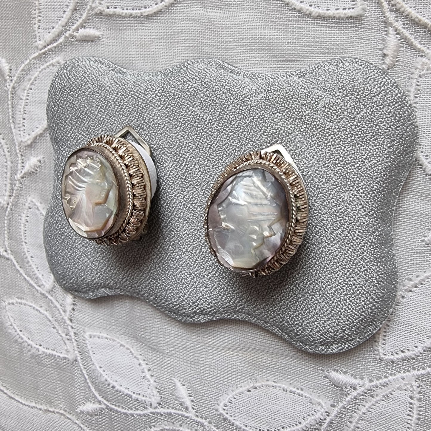 Clip on - 800 Silver Carved Abalone Cameo Earrings