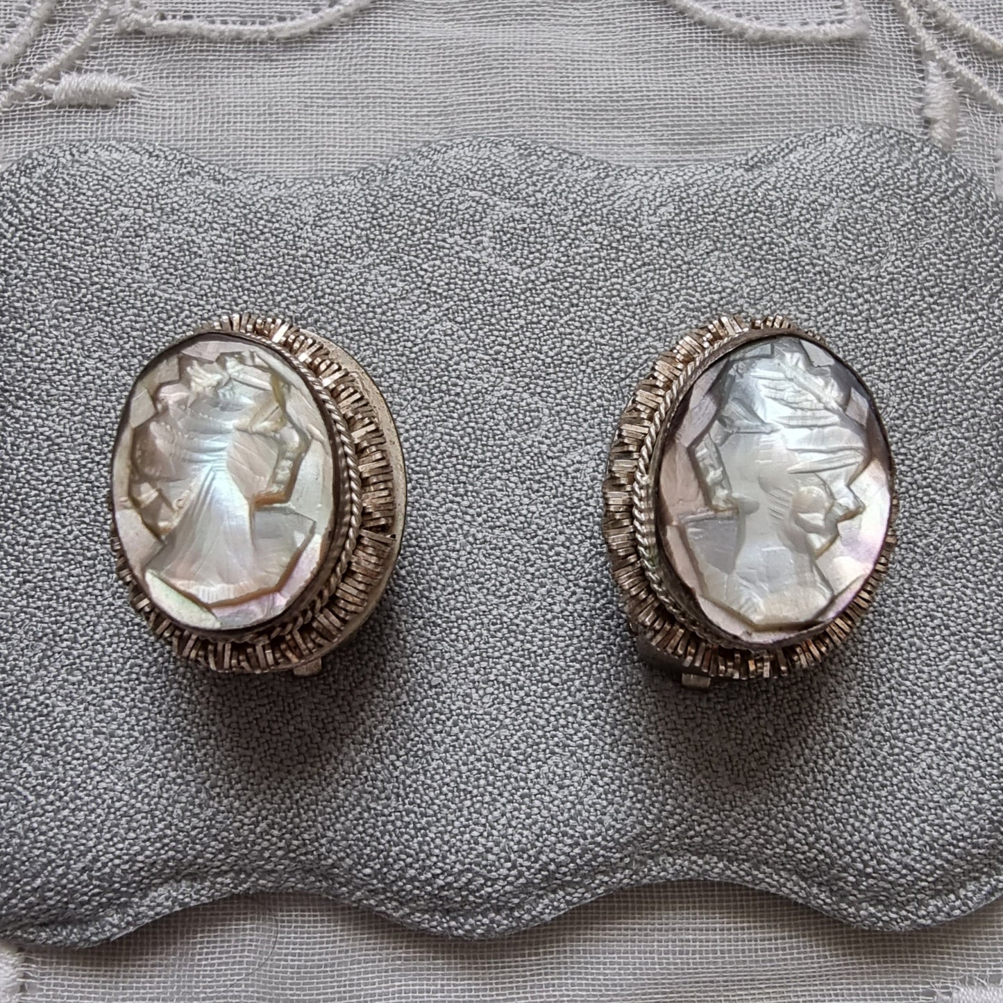 Clip on - 800 Silver Carved Abalone Cameo Earrings