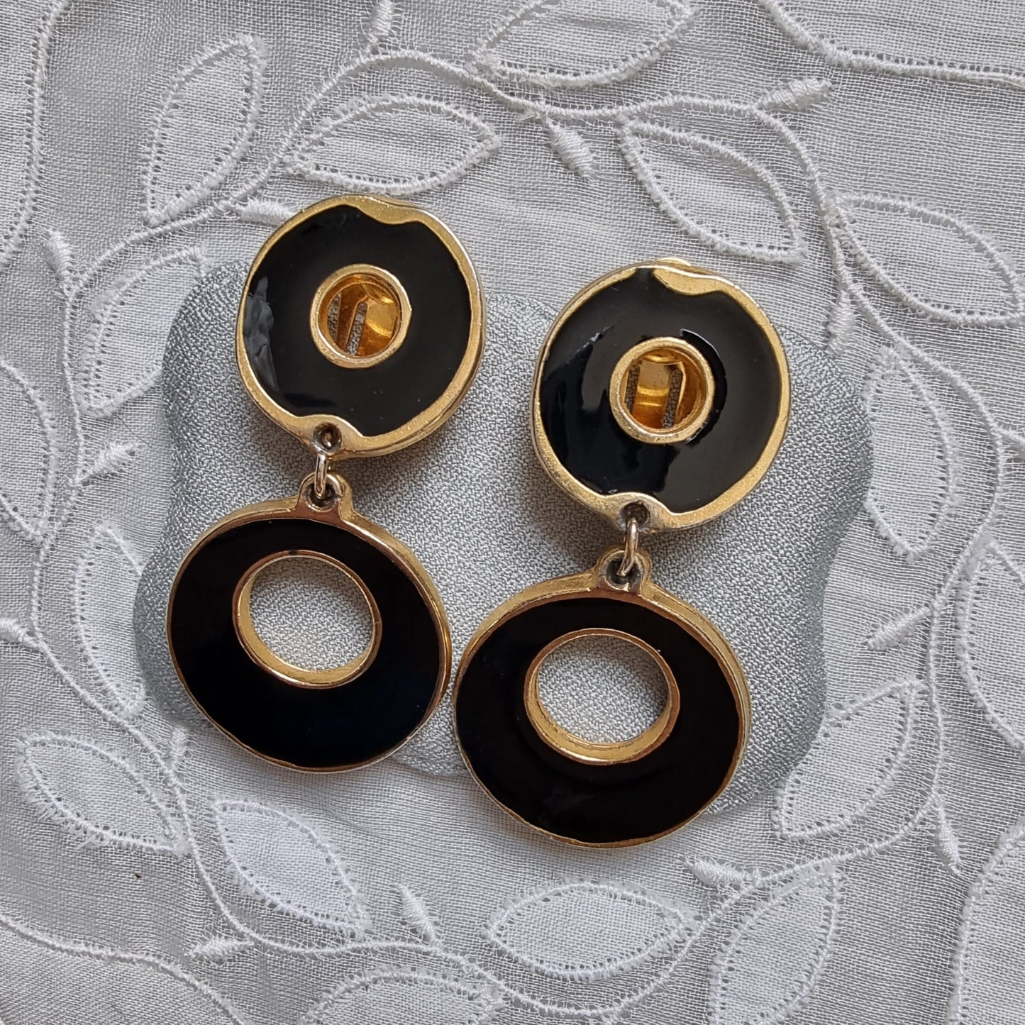 Clip on - Black Enamel Round Drop Clip on Earrings