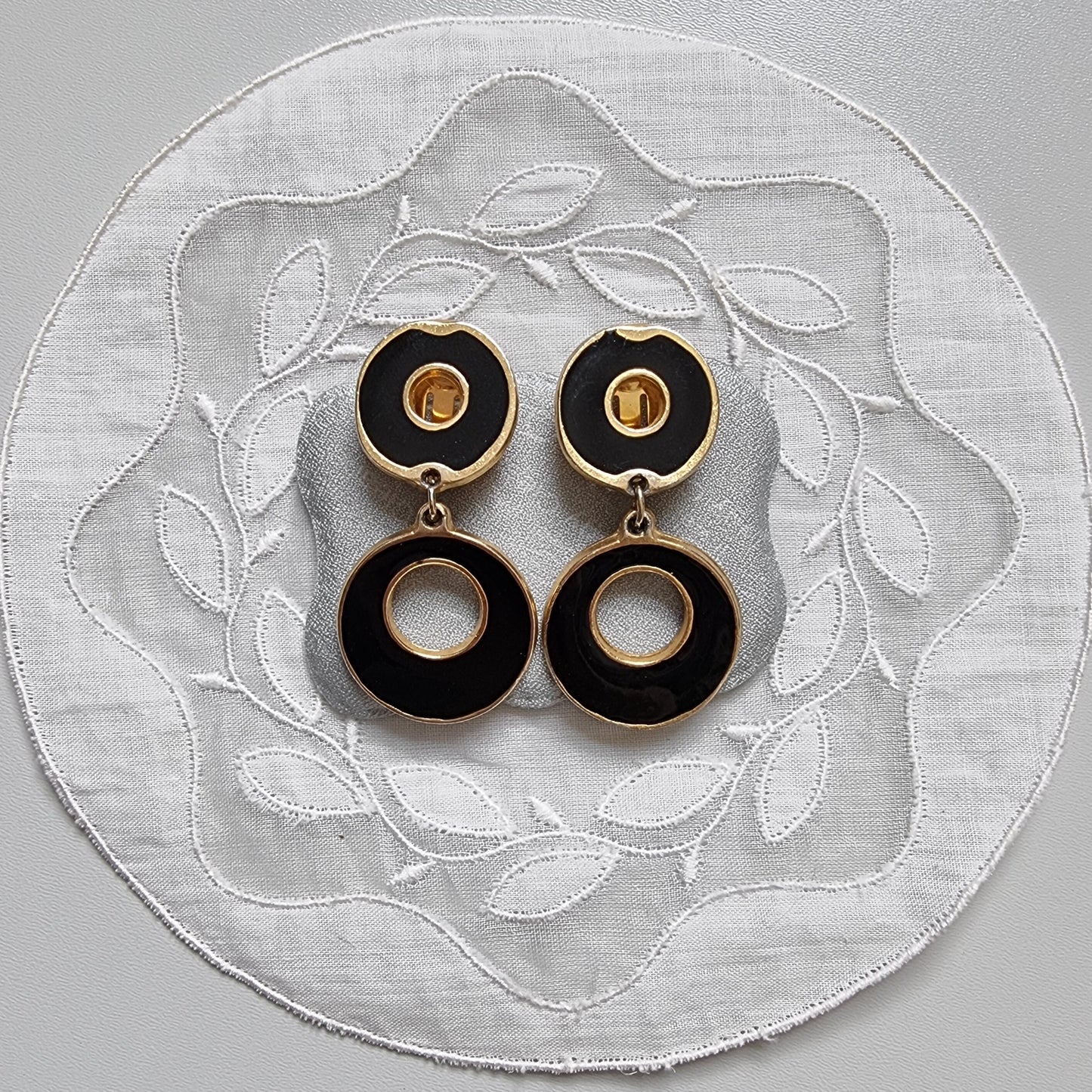 Clip on - Black Enamel Round Drop Clip on Earrings
