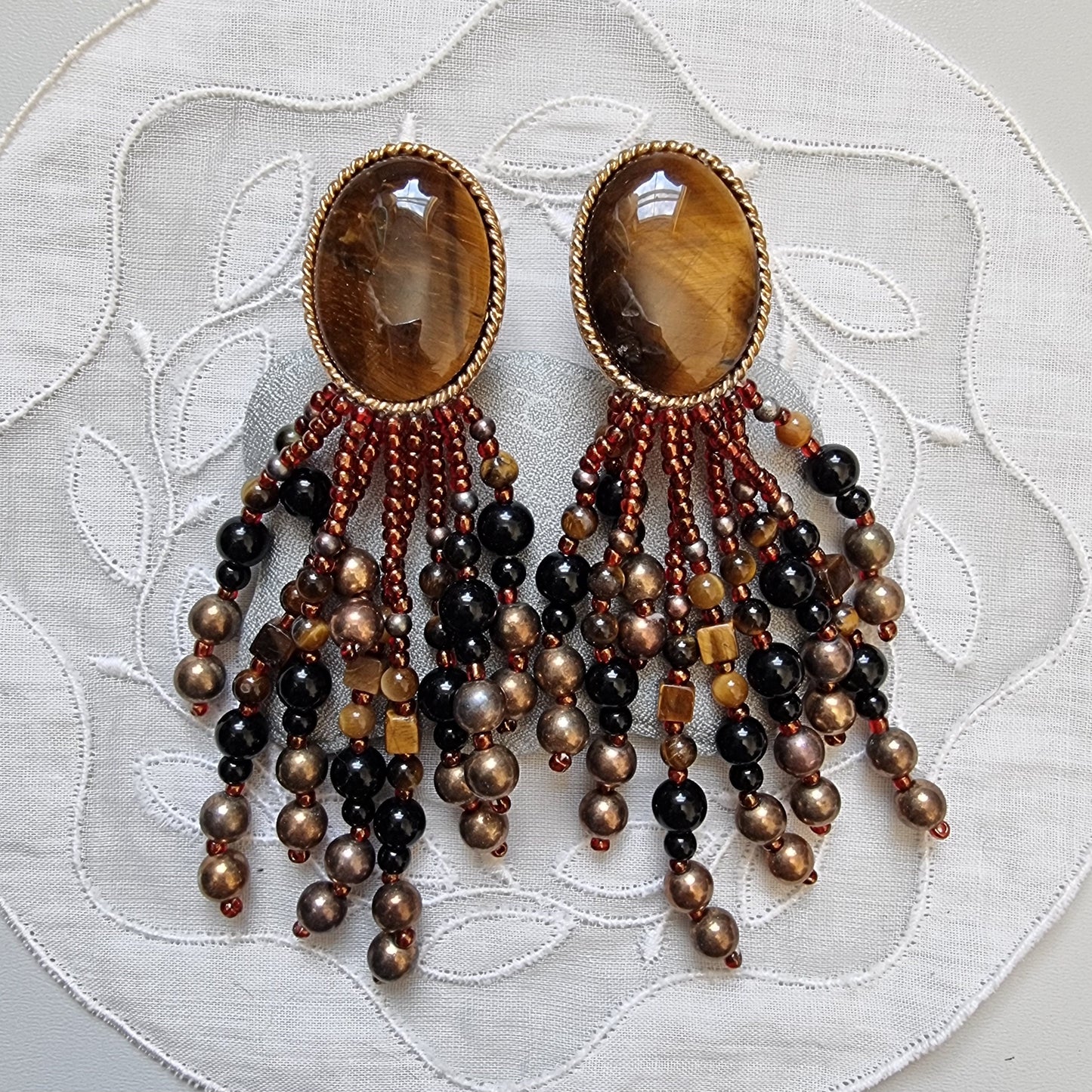 Clip on - Tiger Eye and Glass Beads Drop Clip on Earrings