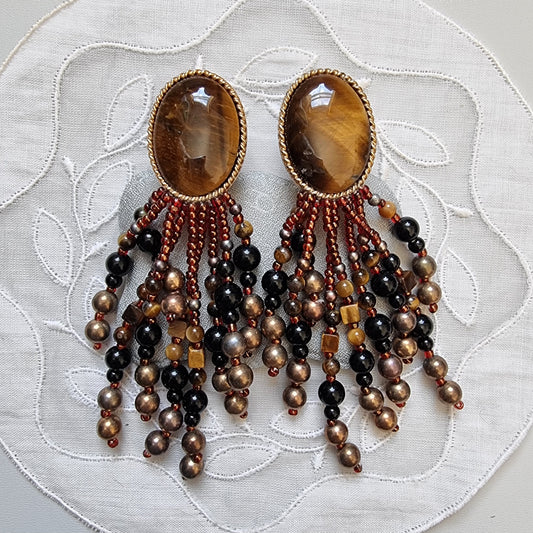 Clip on - Tiger Eye and Glass Beads Drop Clip on Earrings