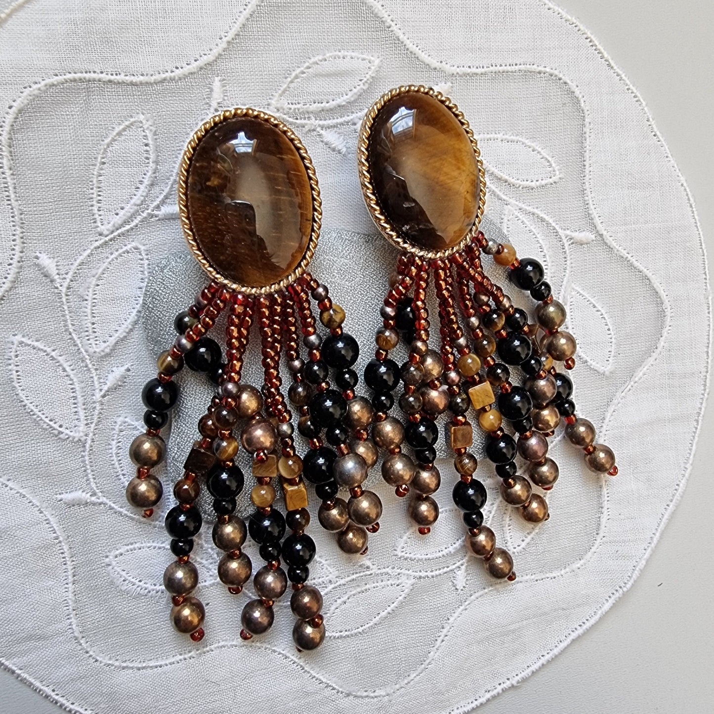 Clip on - Tiger Eye and Glass Beads Drop Clip on Earrings