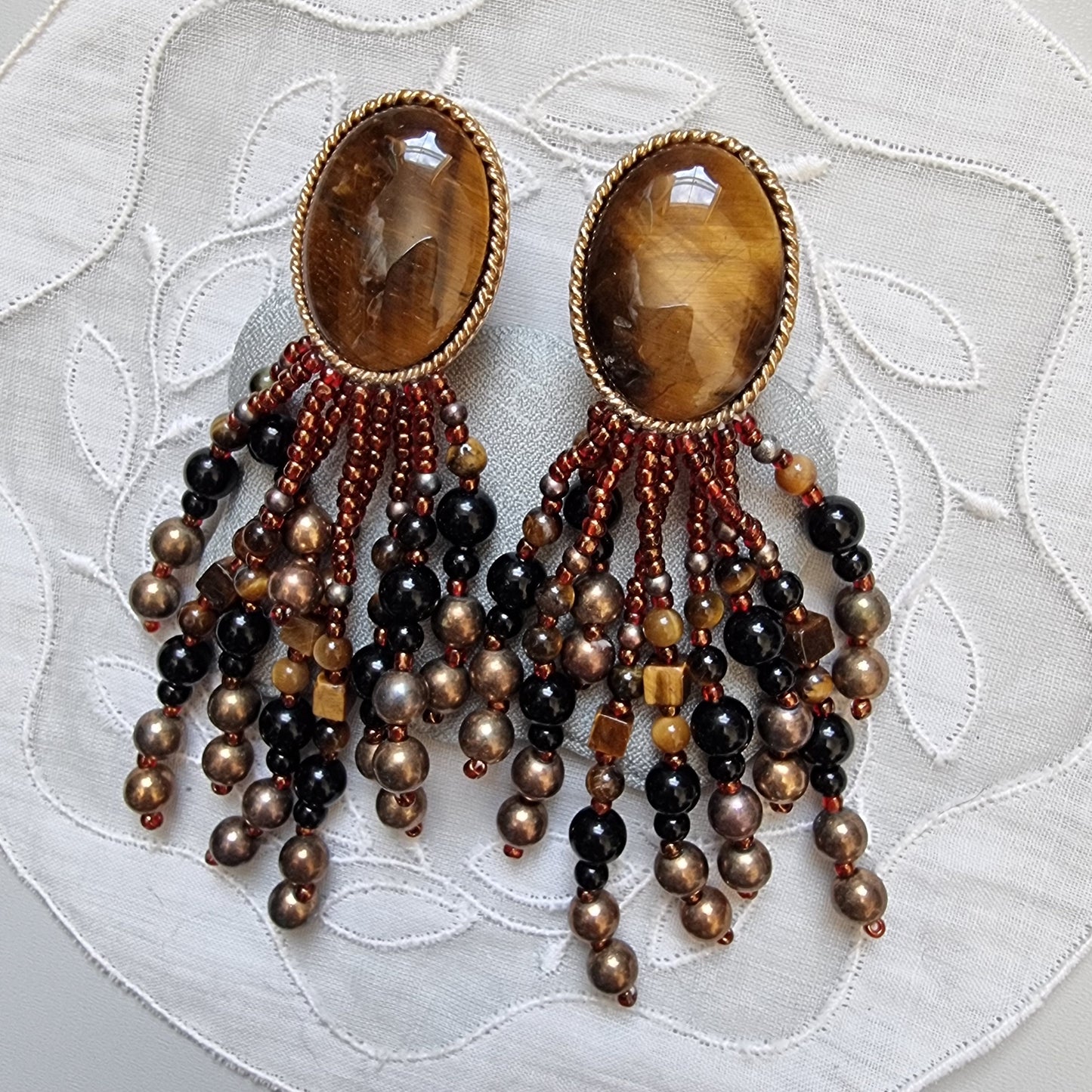 Clip on - Tiger Eye and Glass Beads Drop Clip on Earrings