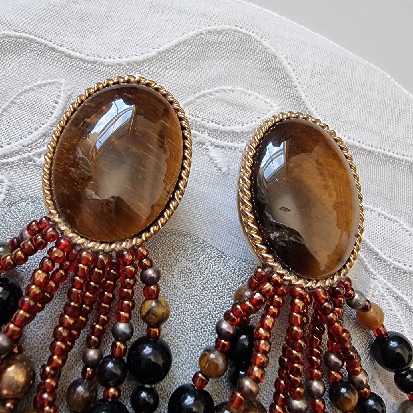 Clip on - Tiger Eye and Glass Beads Drop Clip on Earrings