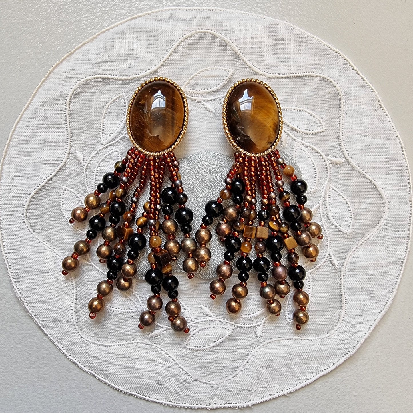 Clip on - Tiger Eye and Glass Beads Drop Clip on Earrings