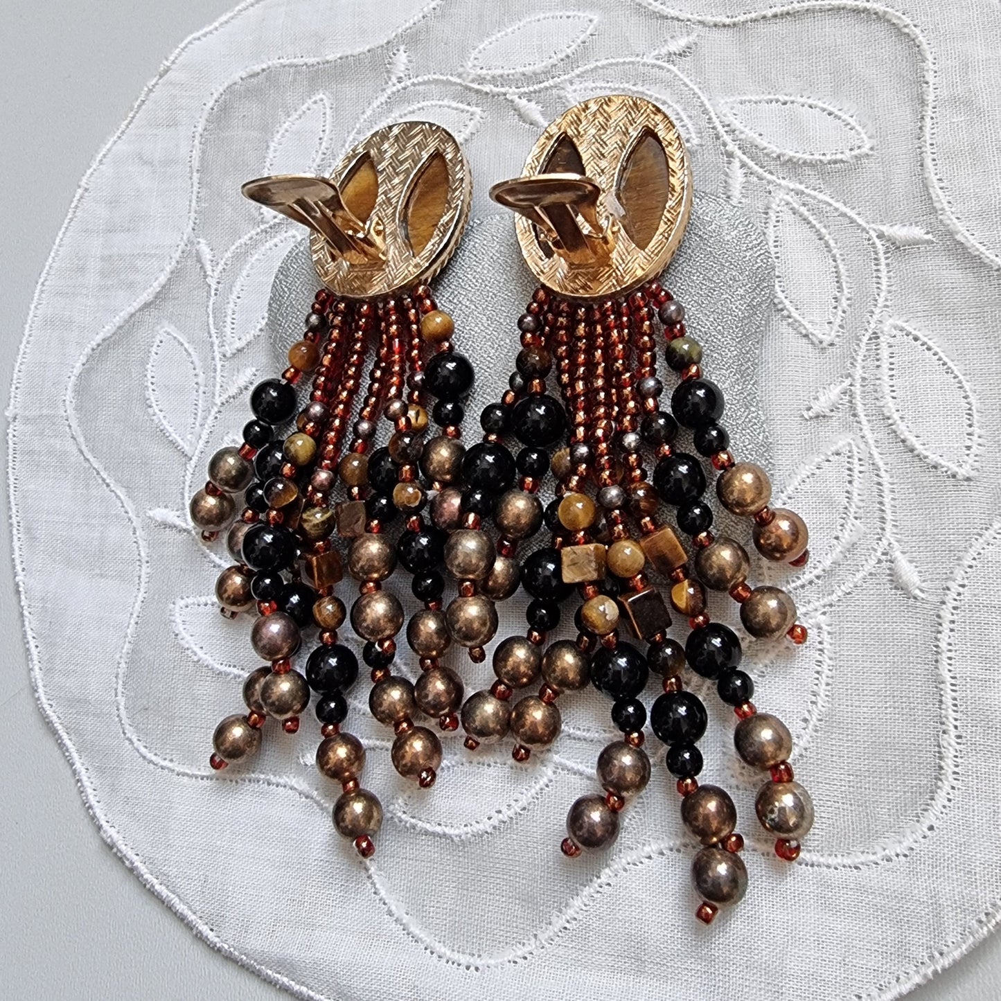 Clip on - Tiger Eye and Glass Beads Drop Clip on Earrings