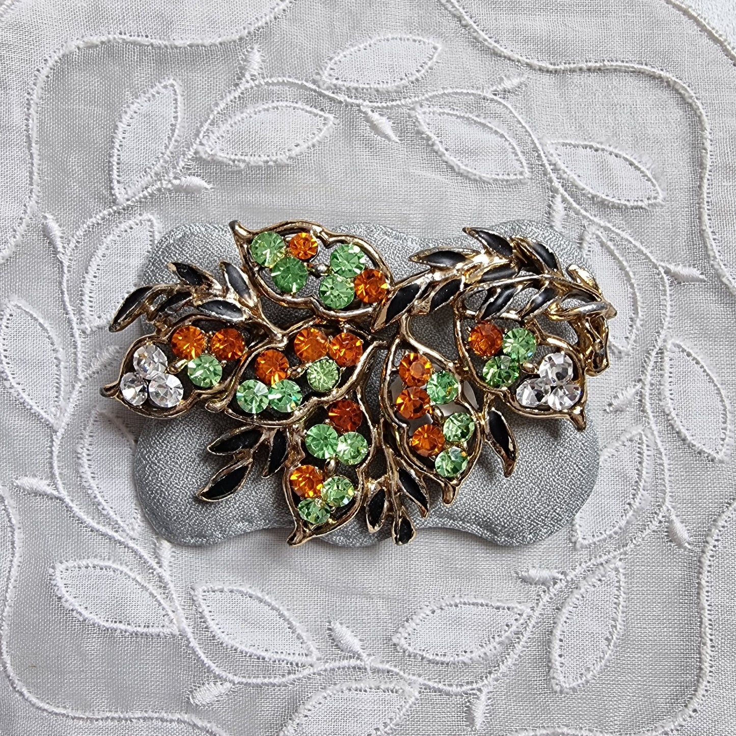 Brooch - Green Orange and Clear Crystals Black Enamel Leaf Brooch