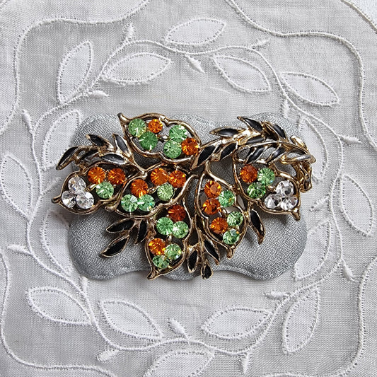 Brooch - Green Orange and Clear Crystals Black Enamel Leaf Brooch