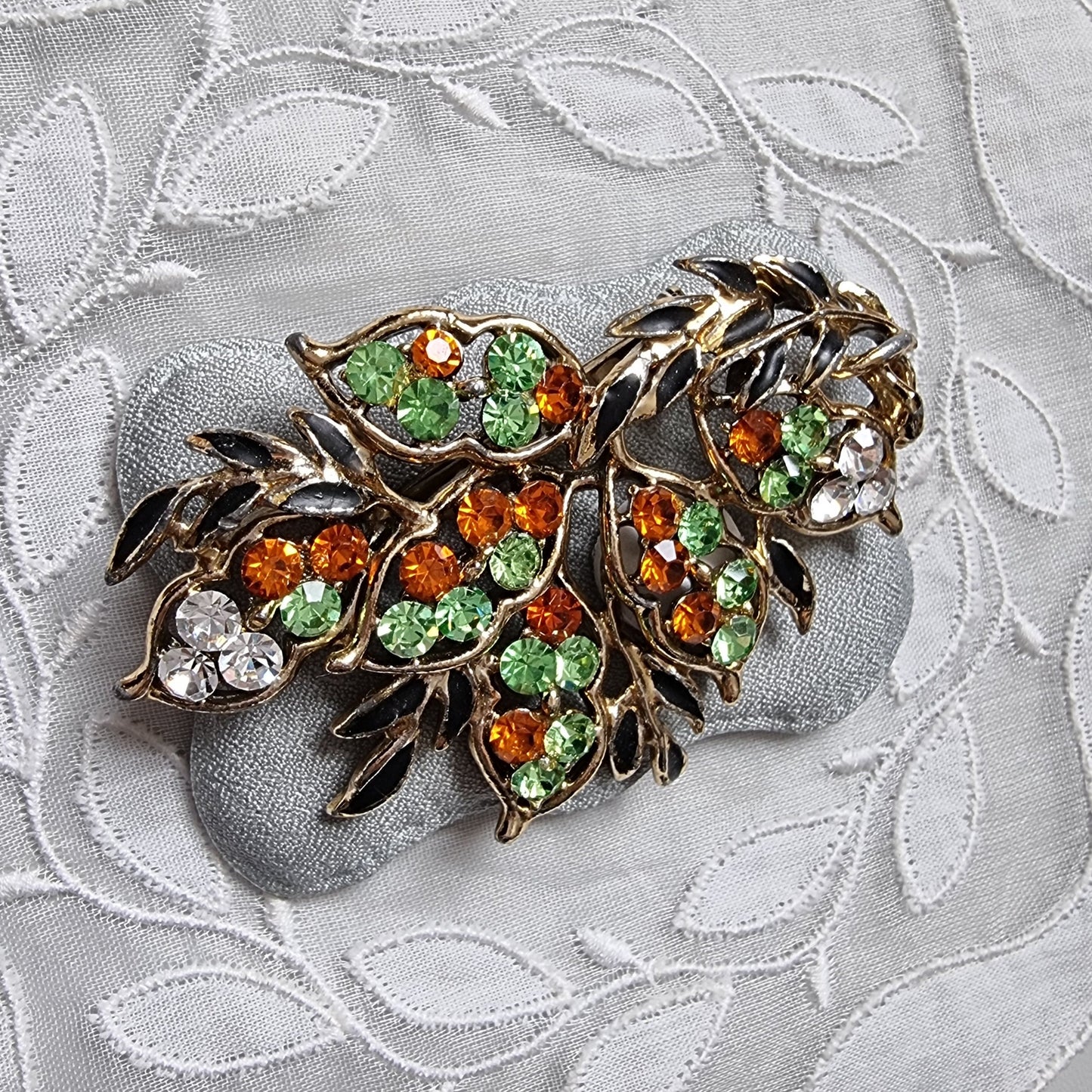 Brooch - Green Orange and Clear Crystals Black Enamel Leaf Brooch