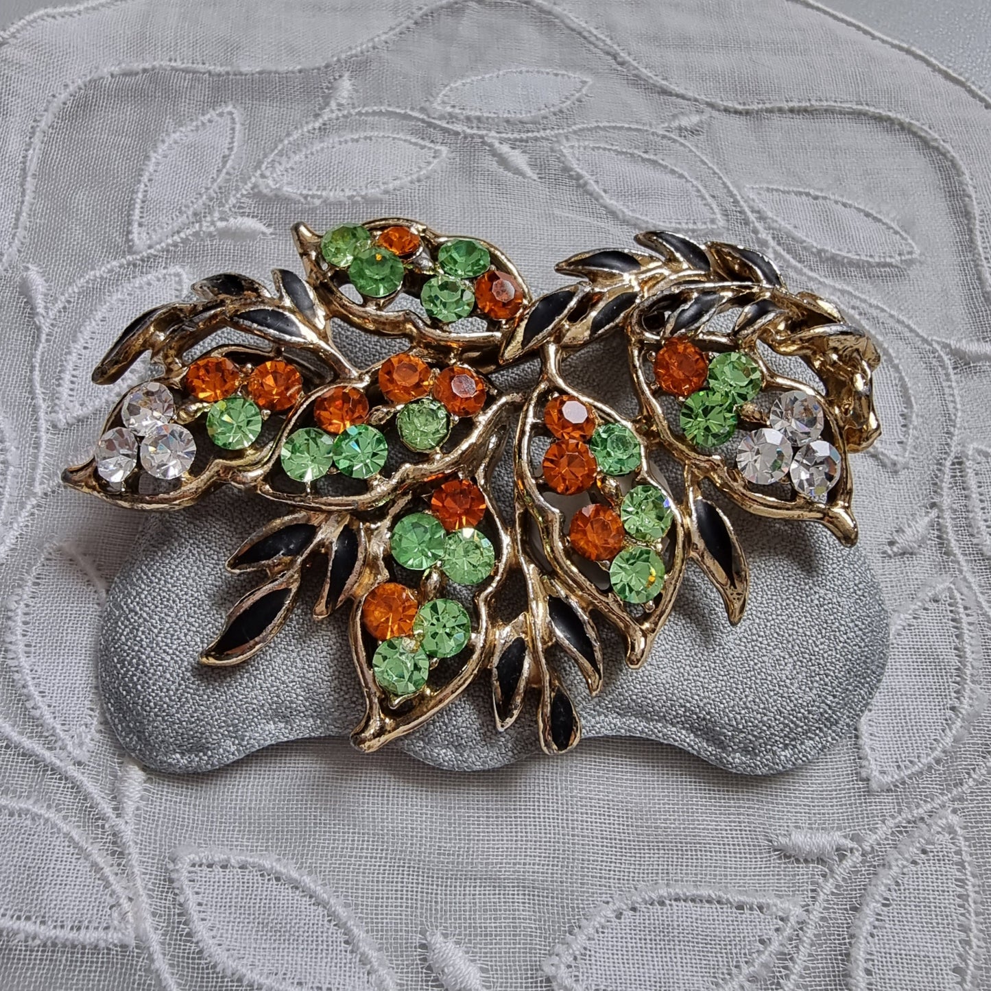 Brooch - Green Orange and Clear Crystals Black Enamel Leaf Brooch