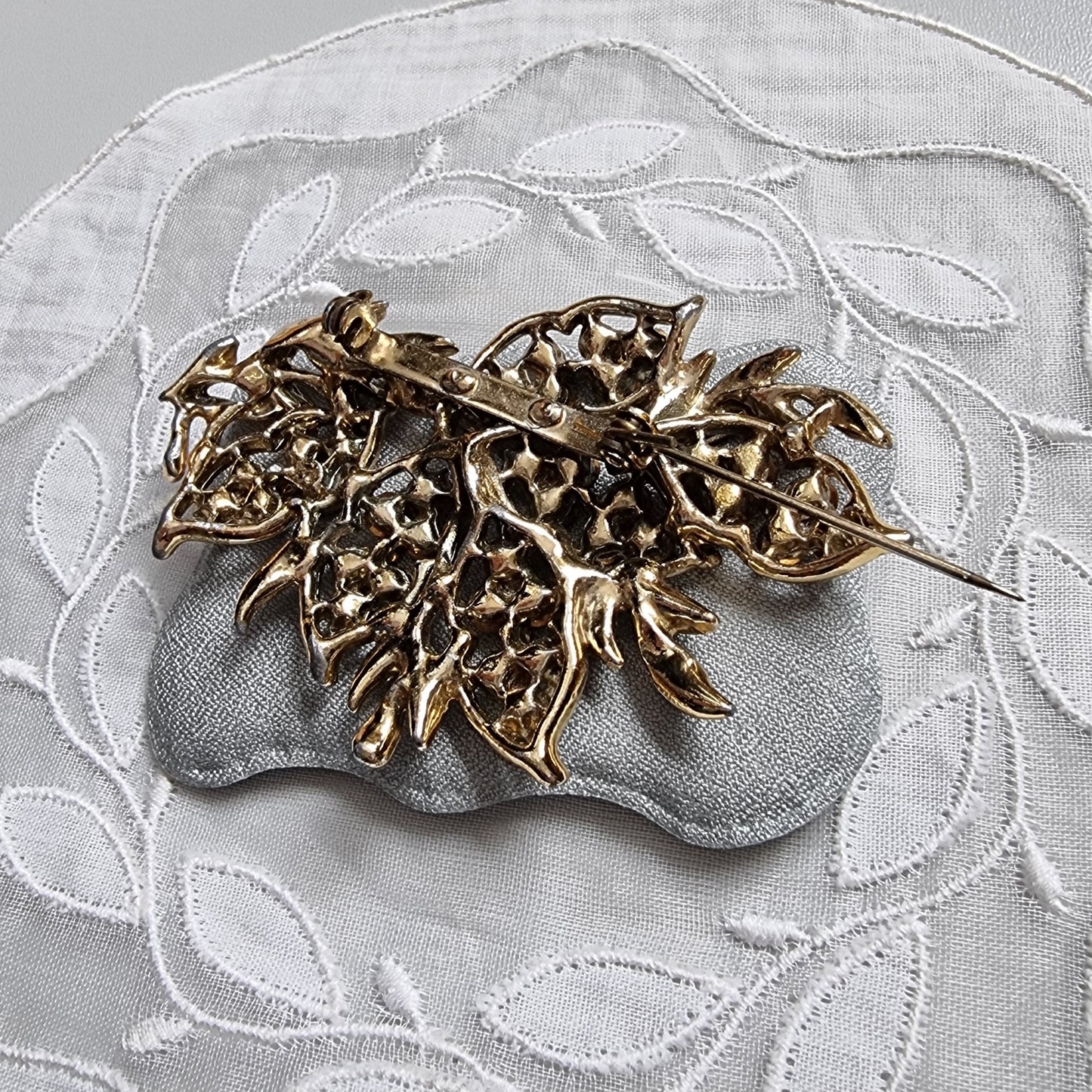 Brooch - Green Orange and Clear Crystals Black Enamel Leaf Brooch