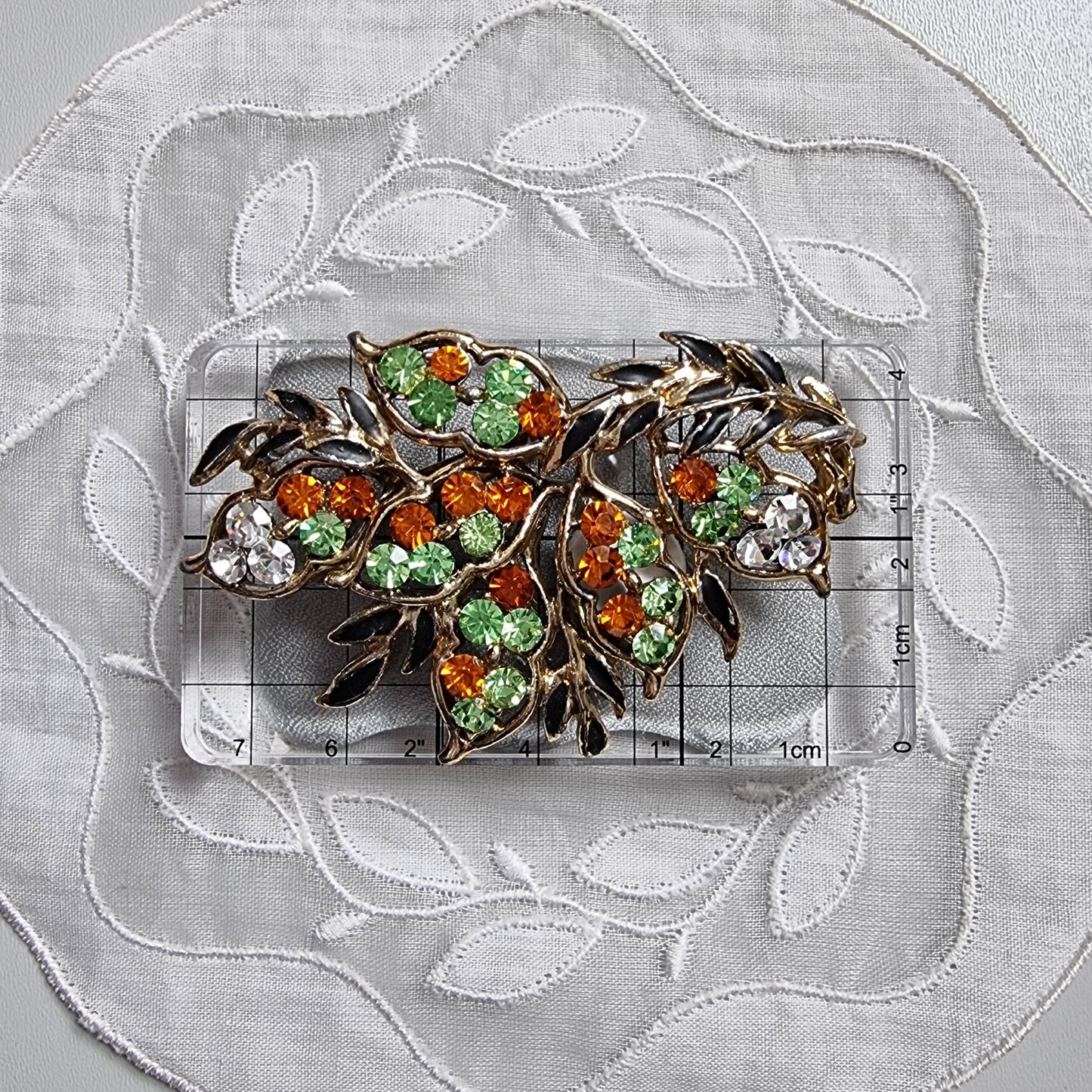 Brooch - Green Orange and Clear Crystals Black Enamel Leaf Brooch