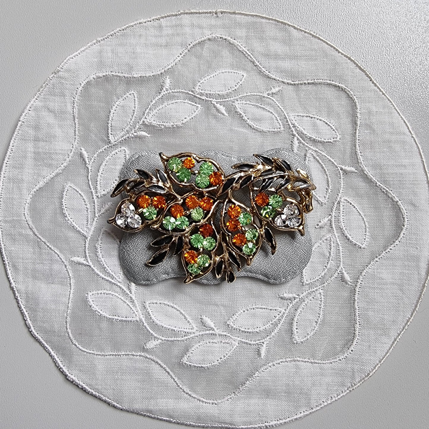 Brooch - Green Orange and Clear Crystals Black Enamel Leaf Brooch