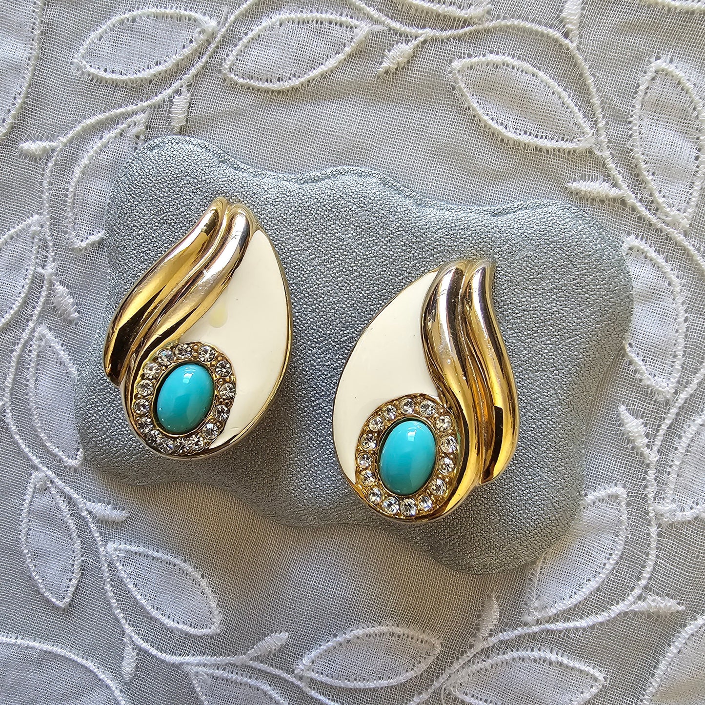 Clip on - Turquoise Crystals and White Enamel Clip on Earrings
