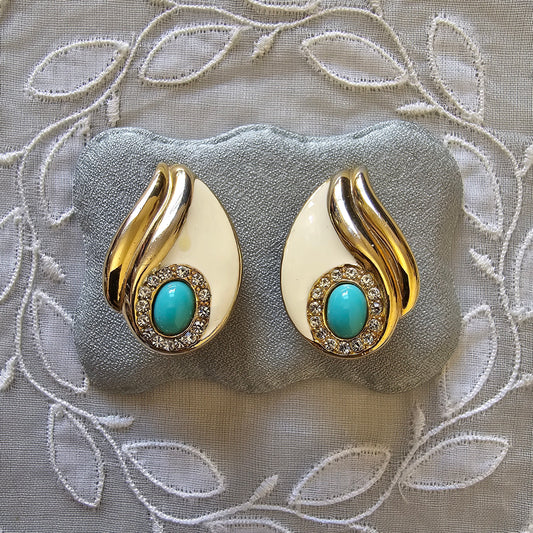 Clip on - Turquoise Crystals and White Enamel Clip on Earrings