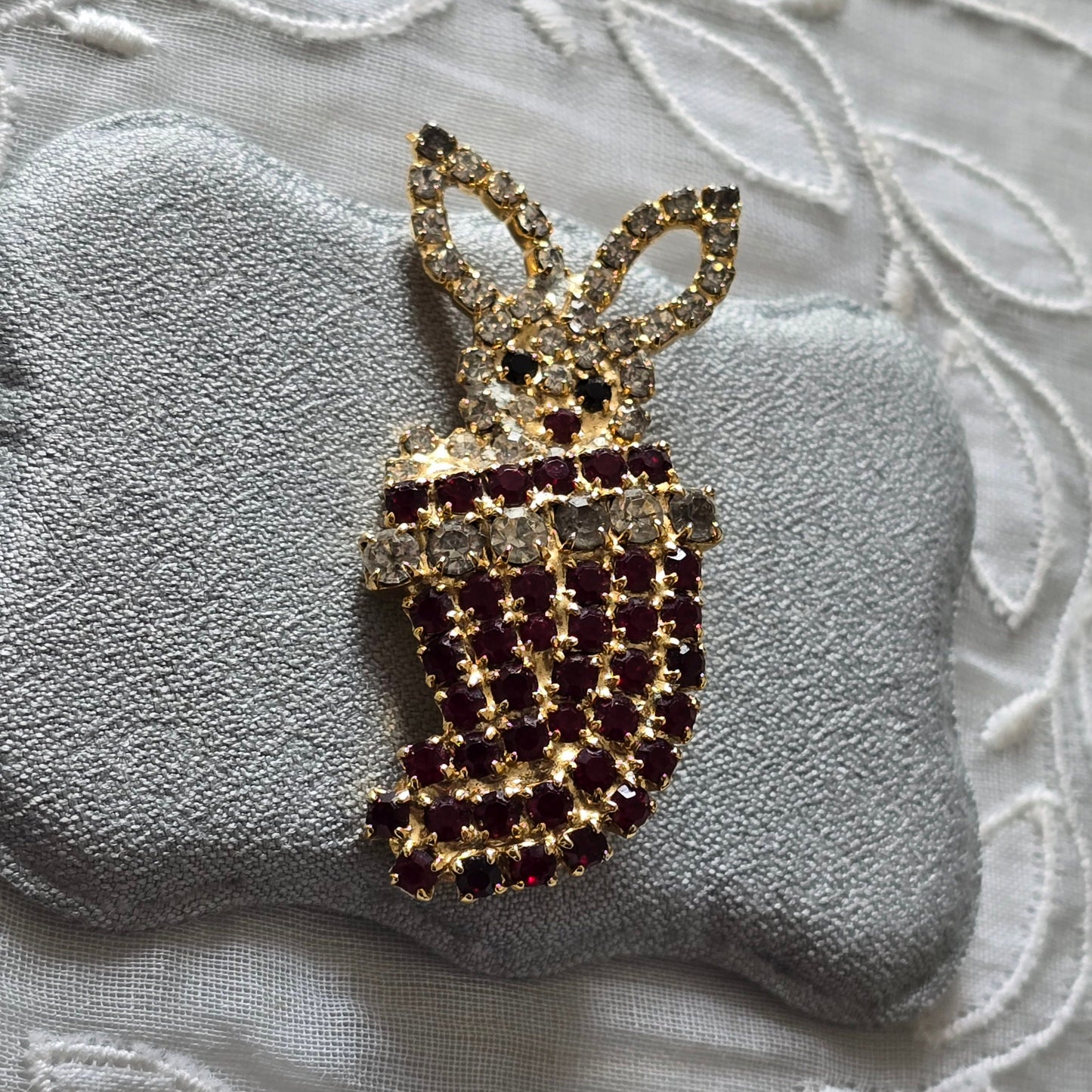 Brooch - Red and Clear Crystals Bunny in a Sock Brooch