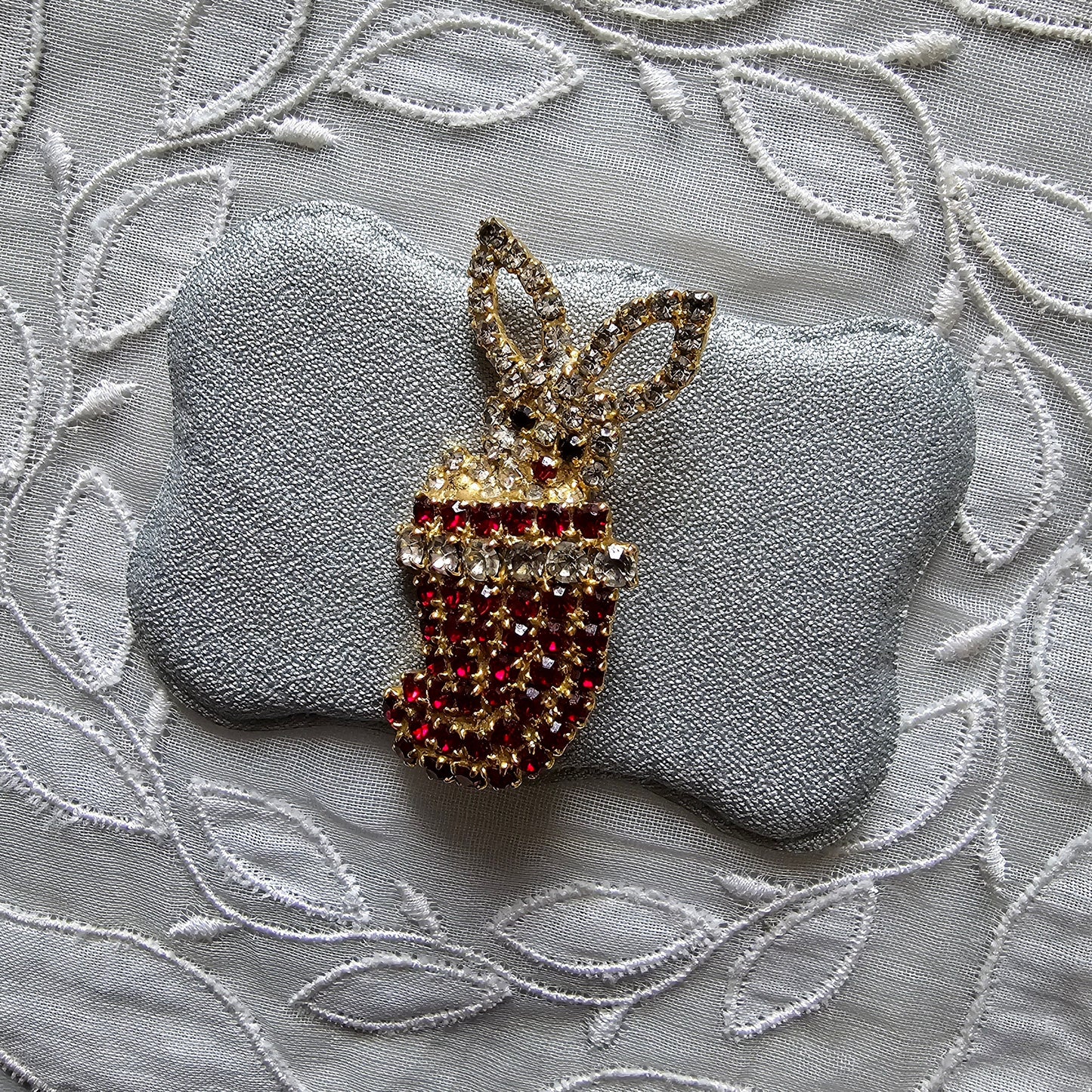 Brooch - Red and Clear Crystals Bunny in a Sock Brooch