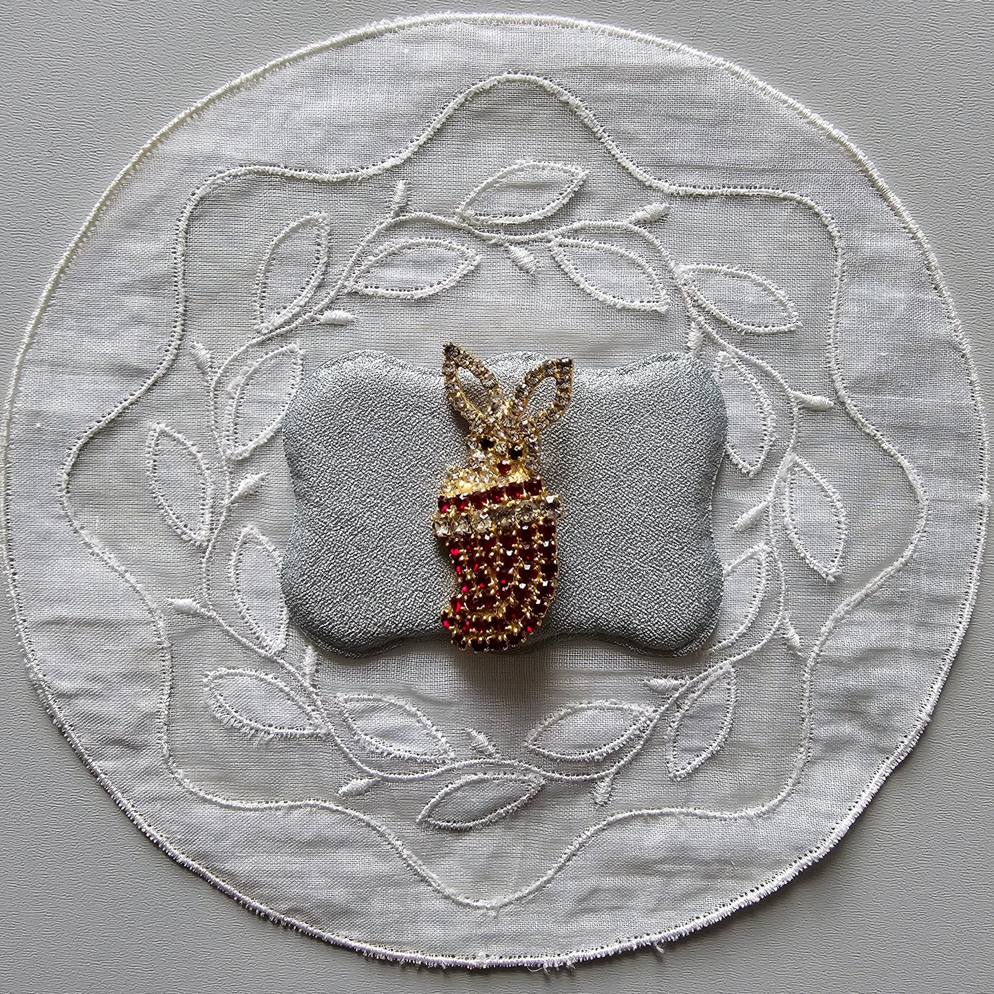 Brooch - Red and Clear Crystals Bunny in a Sock Brooch