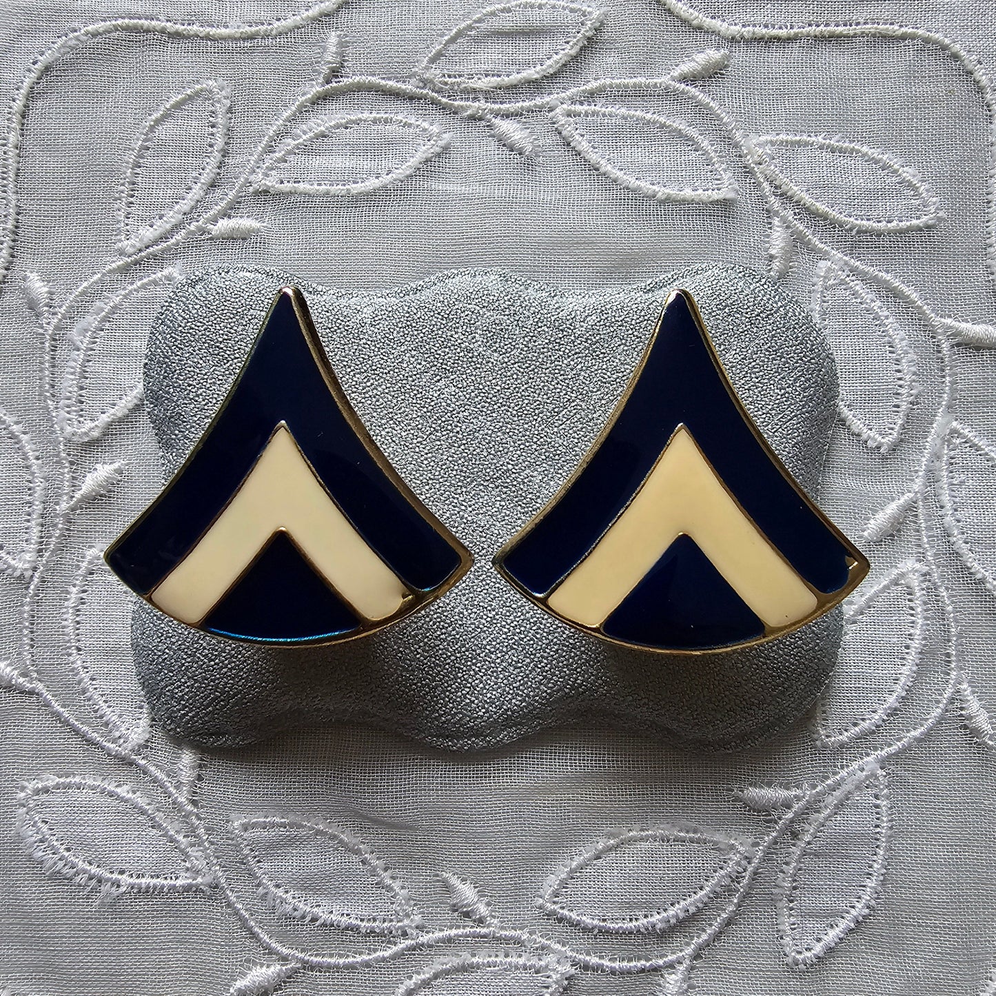Posts - Cream White and Navy Blue Enamel Earrings