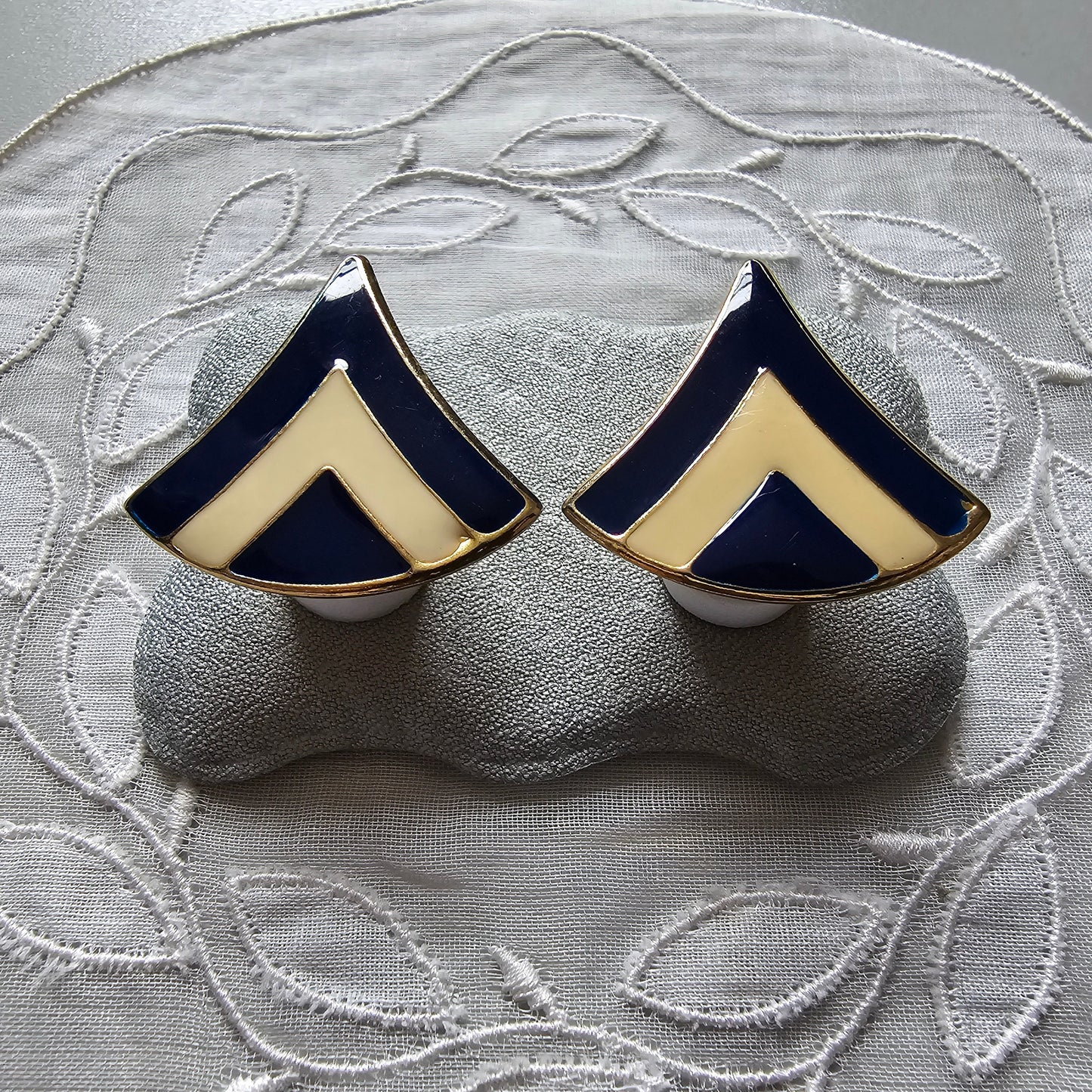 Posts - Cream White and Navy Blue Enamel Earrings