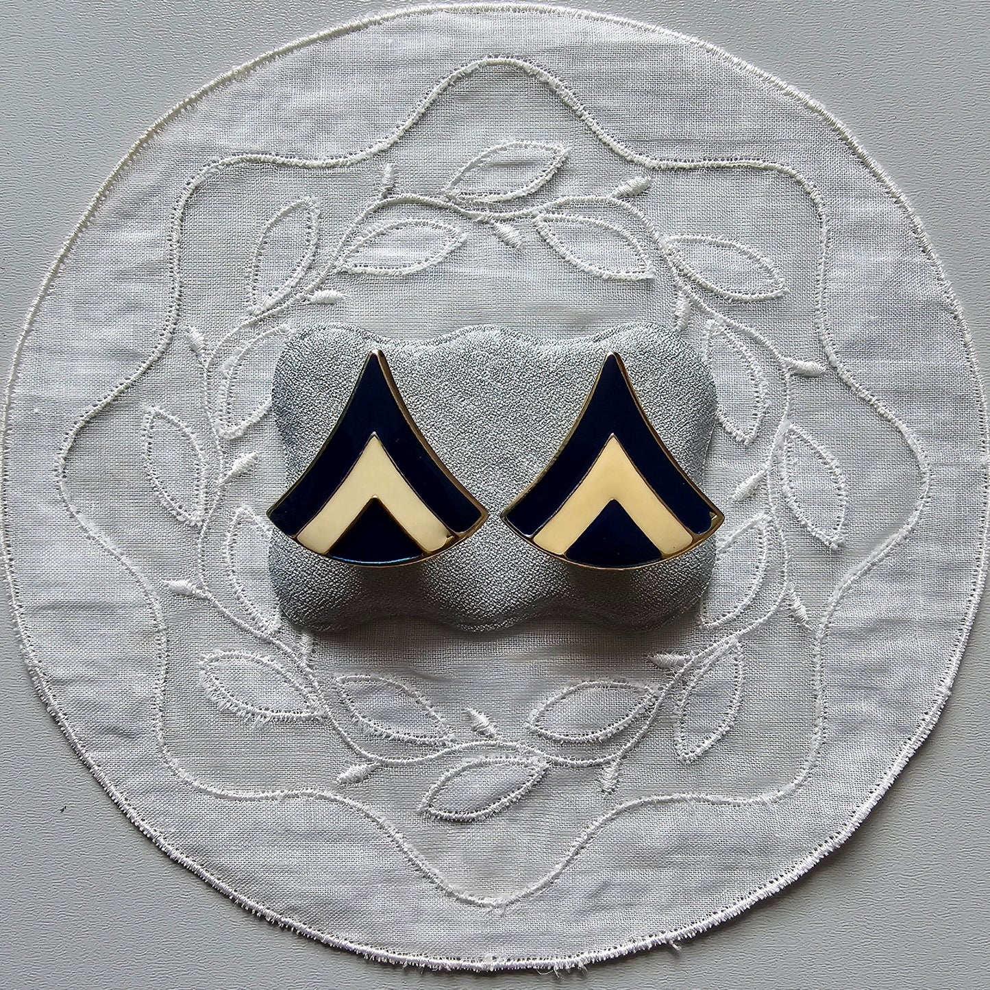 Posts - Cream White and Navy Blue Enamel Earrings