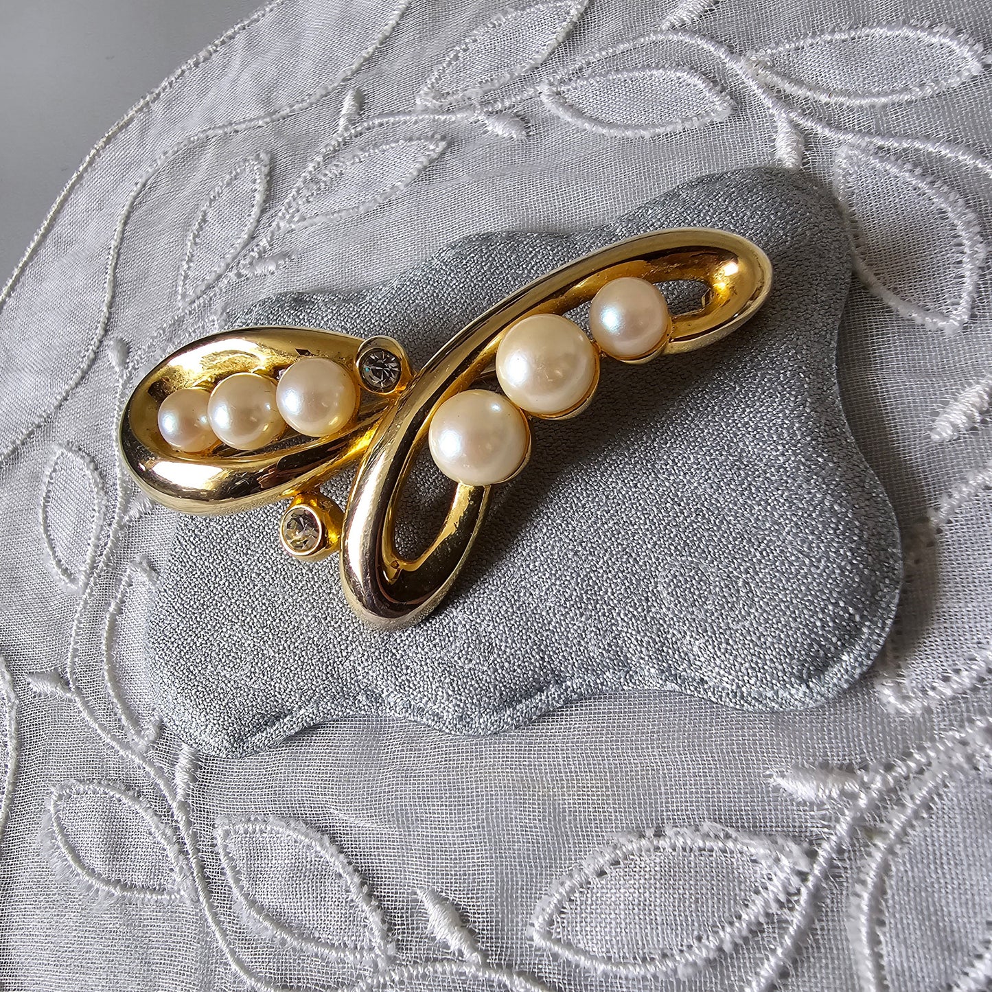 Brooch - Gold Pearl and Crystals Brooch