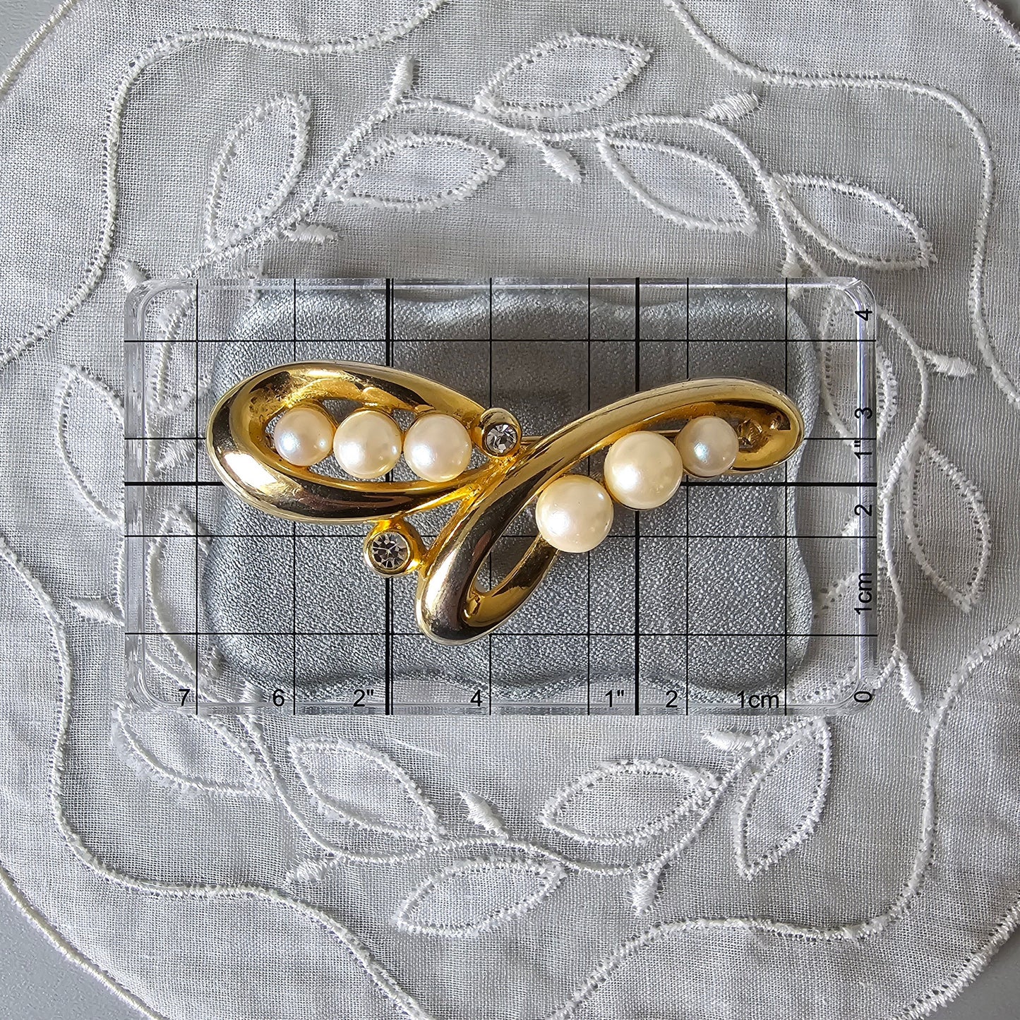 Brooch - Gold Pearl and Crystals Brooch