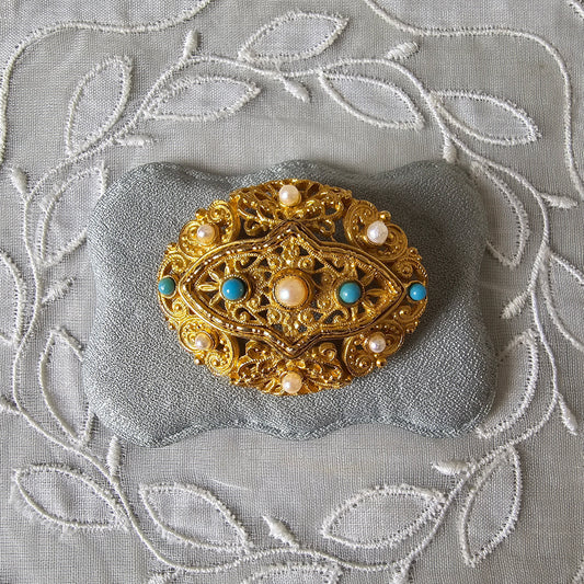 Brooch - Ornate Turquoise and Pearl Brooch