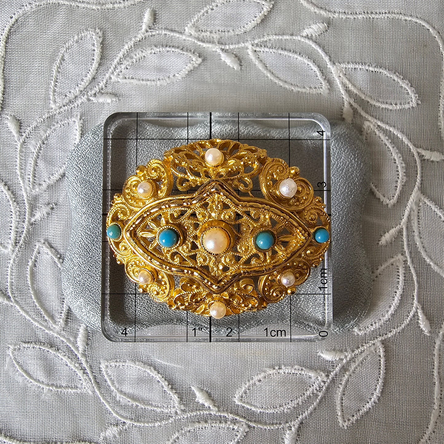Brooch - Ornate Turquoise and Pearl Brooch