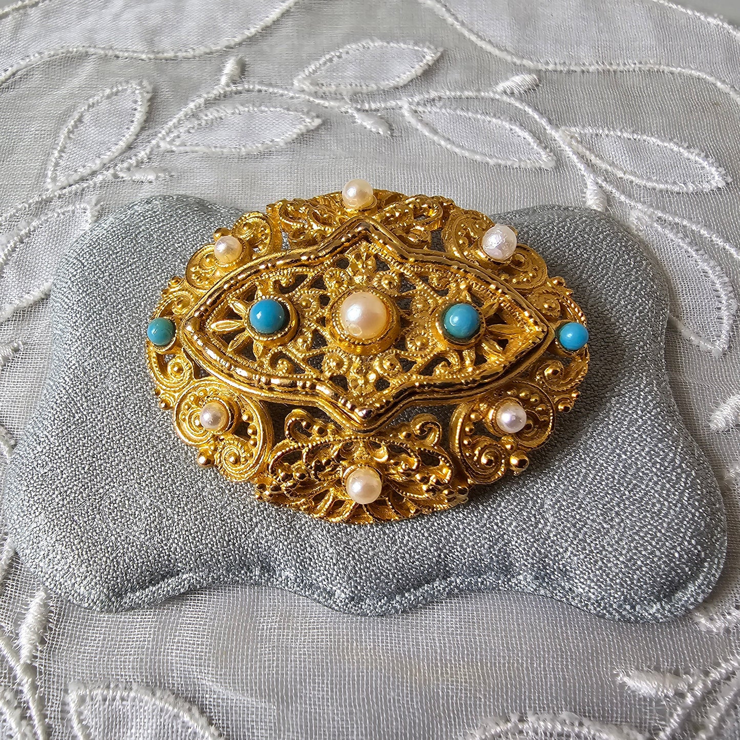 Brooch - Ornate Turquoise and Pearl Brooch