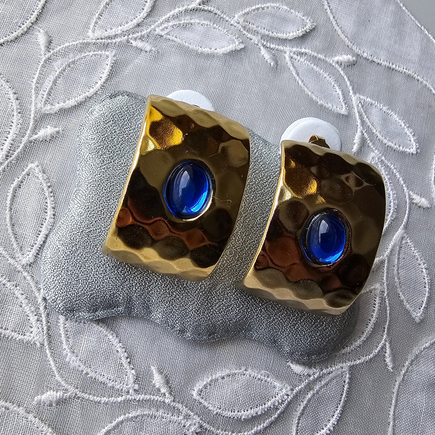 Posts - Blue Cabochon Square Half Hoop Earrings