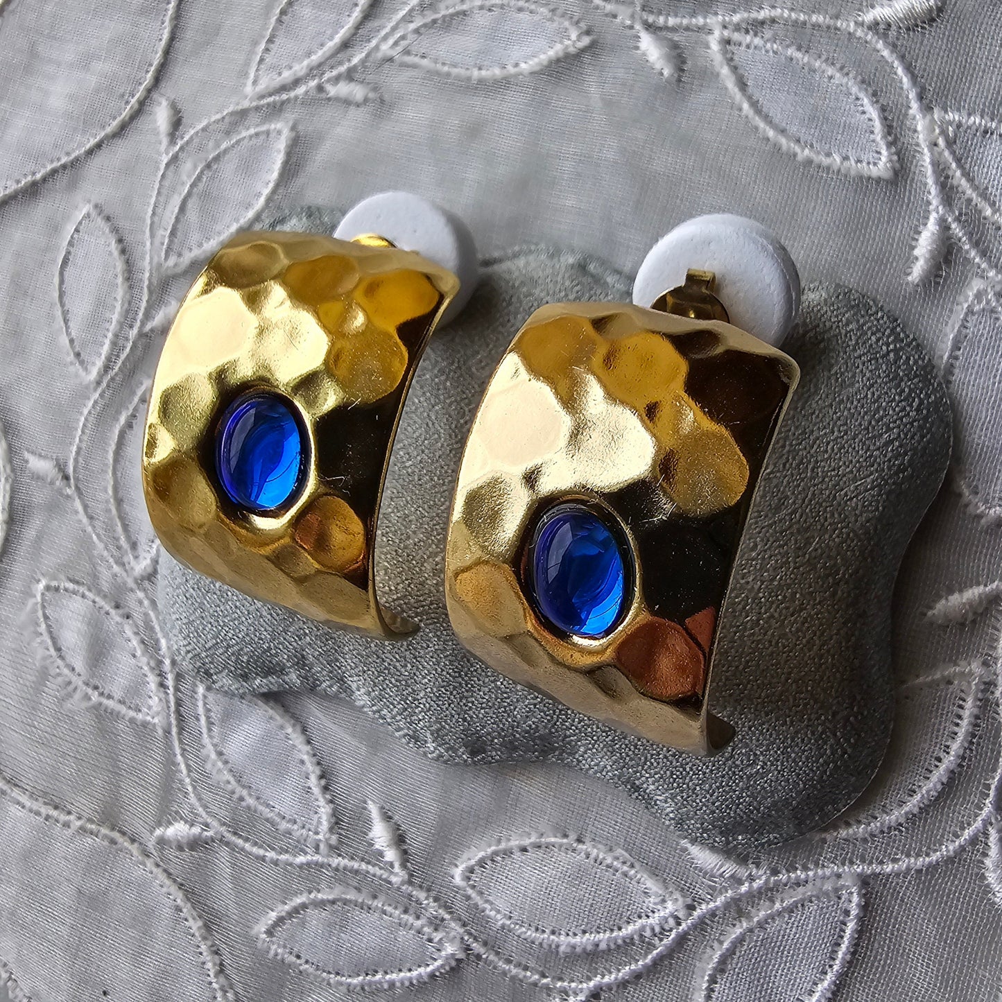 Posts - Blue Cabochon Square Half Hoop Earrings