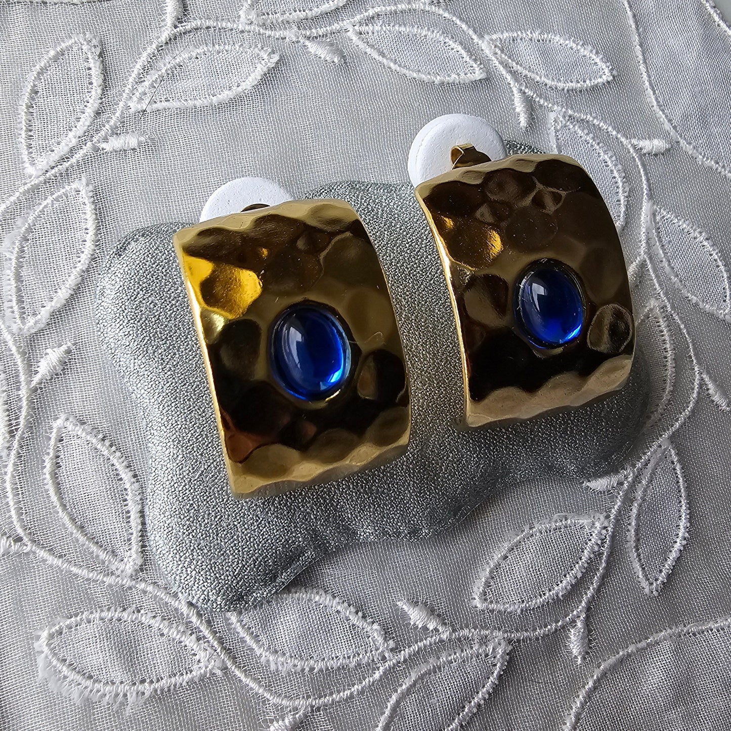 Posts - Blue Cabochon Square Half Hoop Earrings