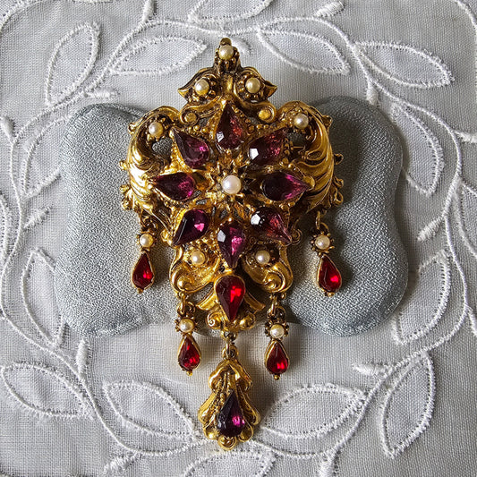 Brooch - Ornate Seed Pearls and Purple and Red Crystals Drops Brooch