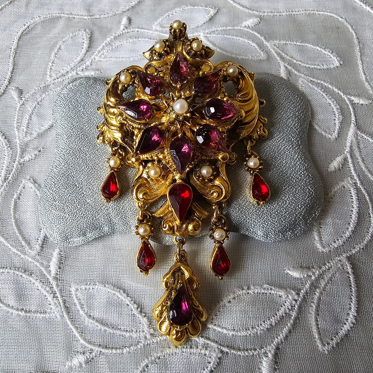 Brooch - Ornate Seed Pearls and Purple and Red Crystals Drops Brooch