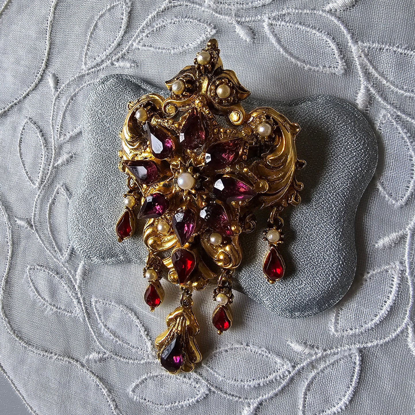 Brooch - Ornate Seed Pearls and Purple and Red Crystals Drops Brooch