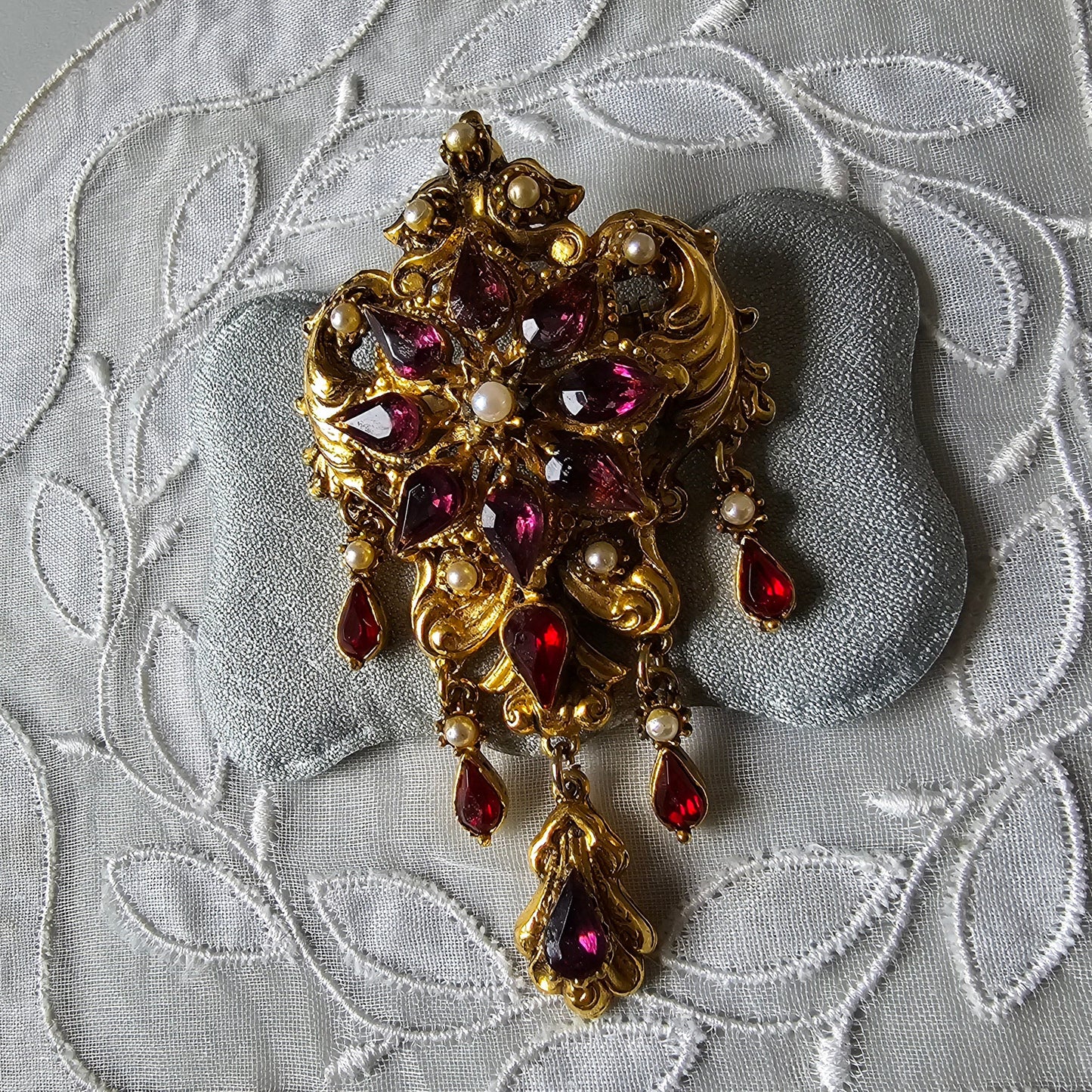 Brooch - Ornate Seed Pearls and Purple and Red Crystals Drops Brooch