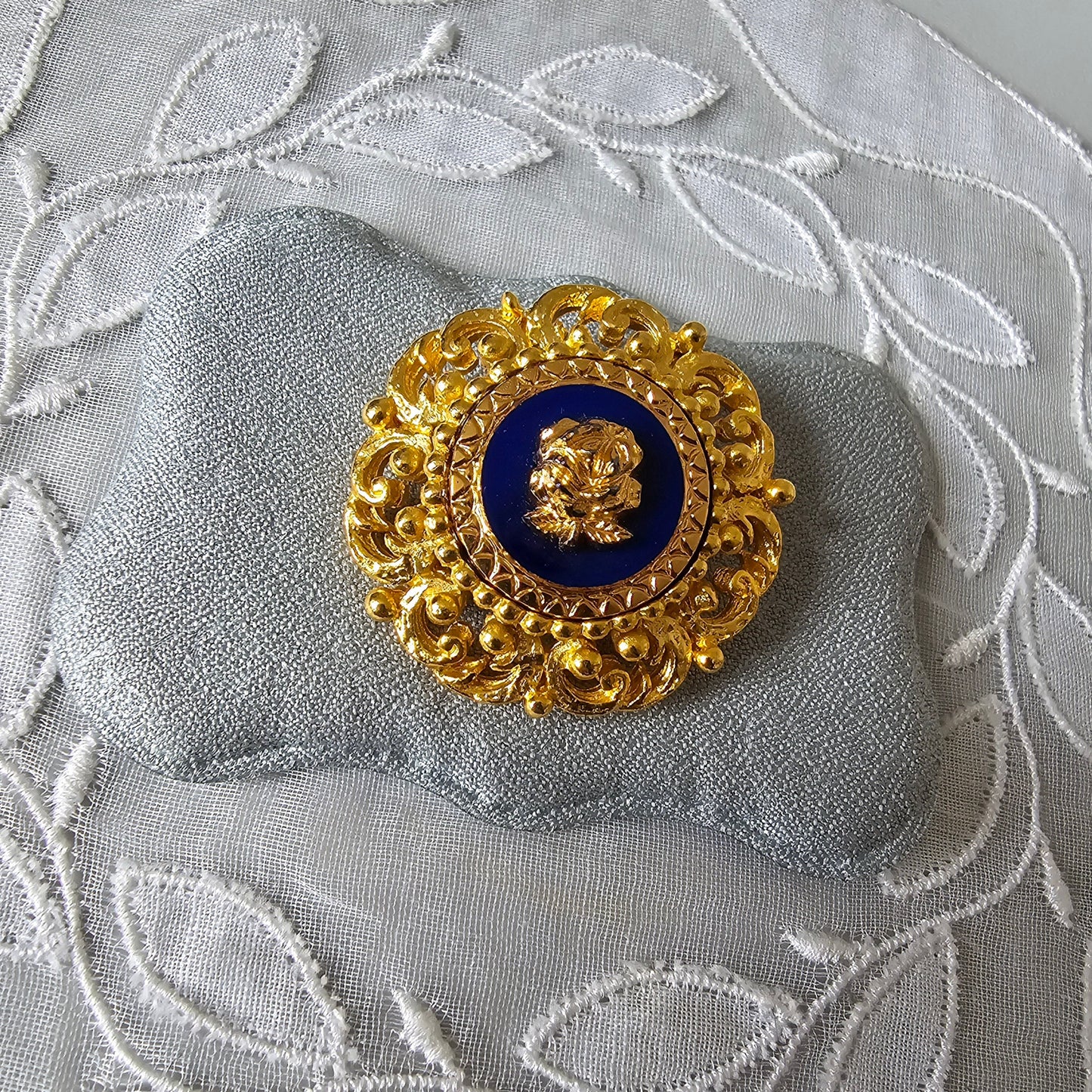 Brooch - Ornate Gold Blue Rose Brooch