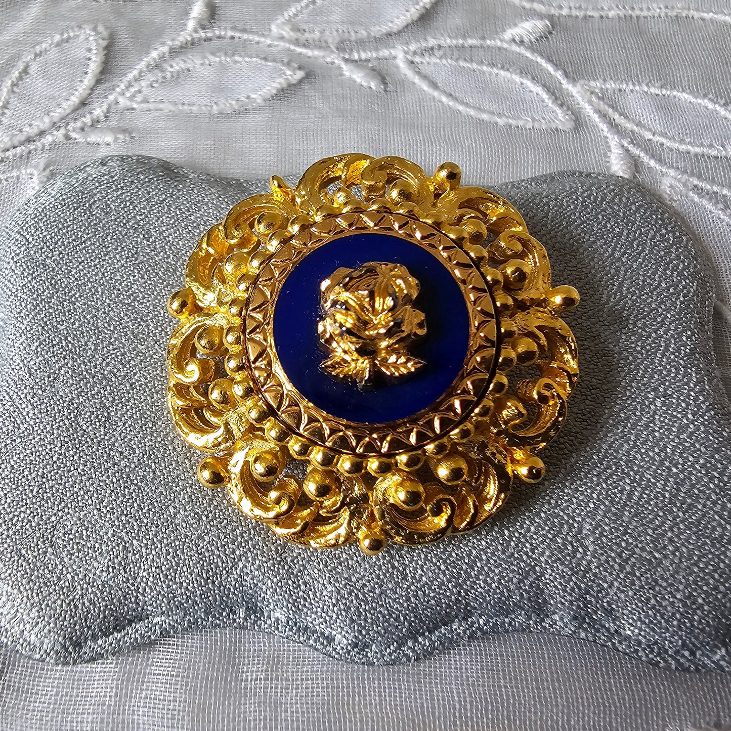 Brooch - Ornate Gold Blue Rose Brooch