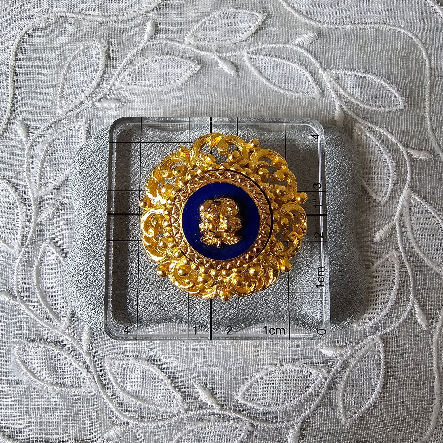 Brooch - Ornate Gold Blue Rose Brooch