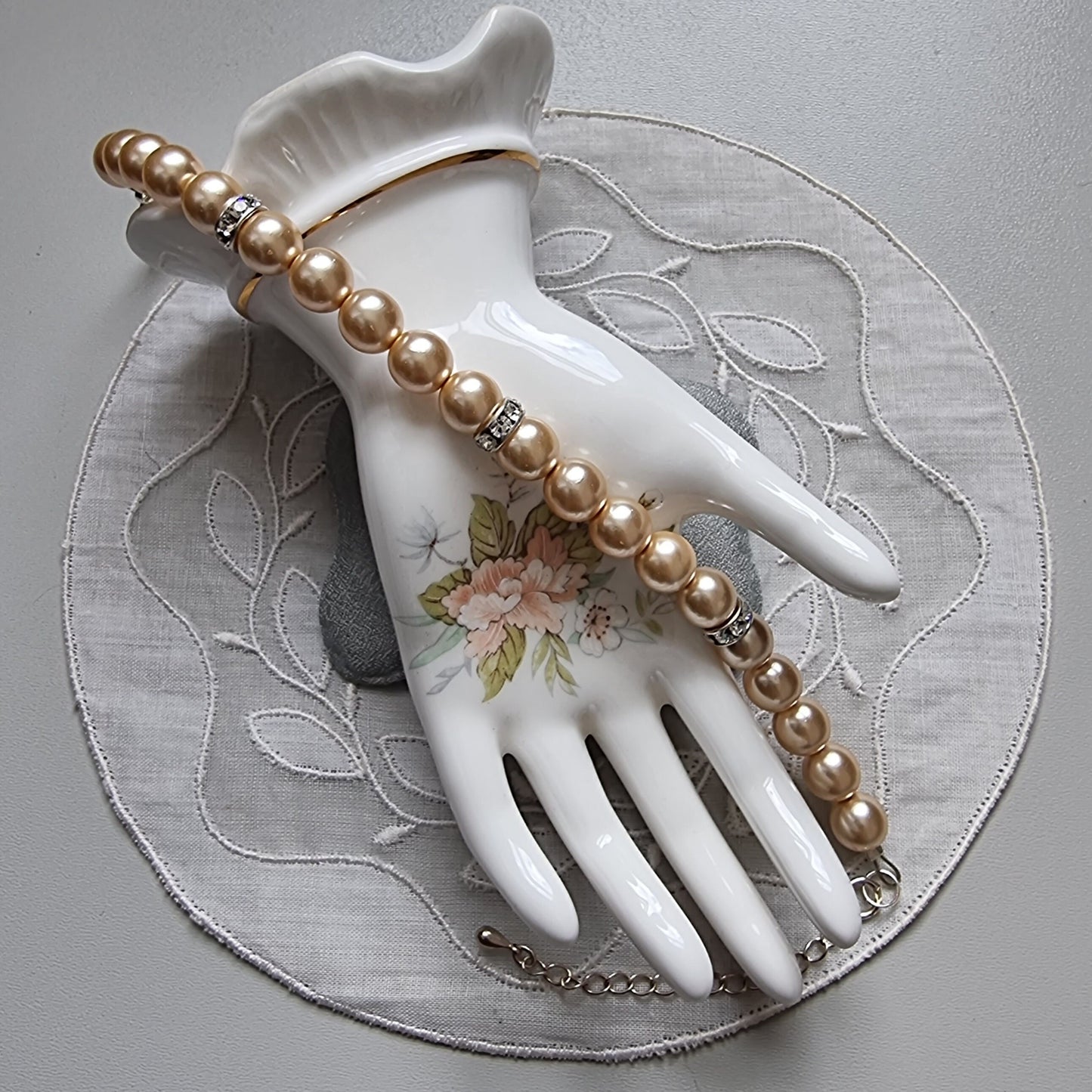 Bracelet - Faux Pearl Beads and Clear Crystals Bracelet